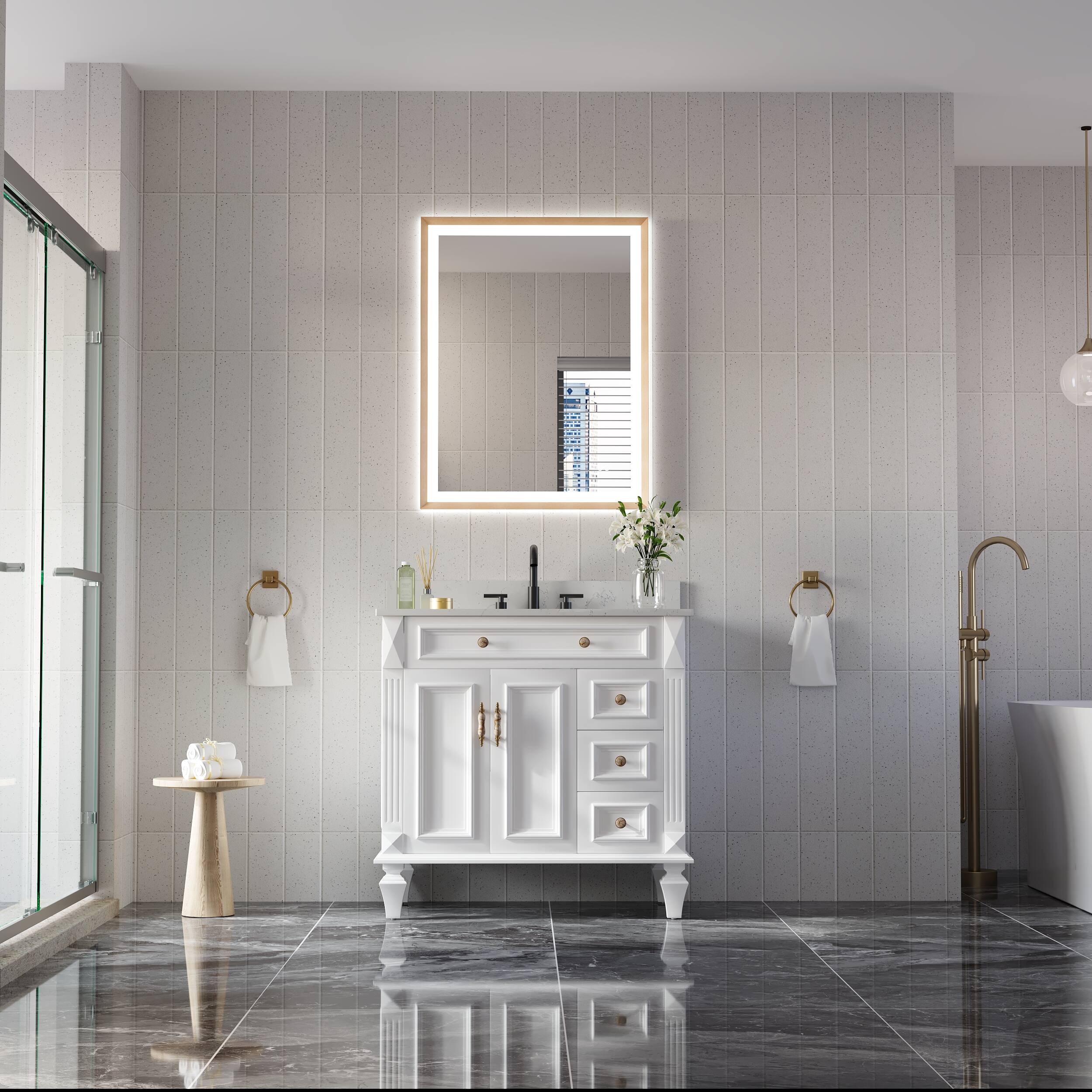 Back. WELLFOR - 28 in. W x 36 in. H Rectangular Single Aluminum Framed Antifog Dimmable Wall Bathroom Vanity Mirror - Gold.