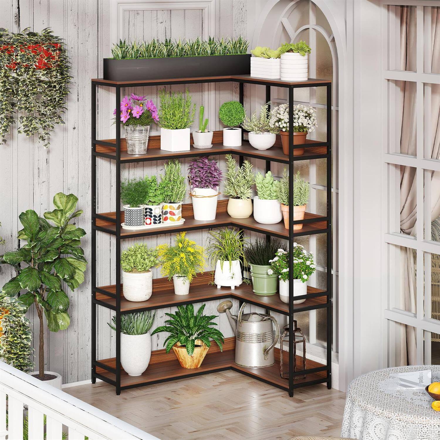 Alt View 2. Pefilos - 5-Tier L-Shaped Corner Bookshelf - Metal Frame Industrial Aesthetic, Etagere Storage, Walnut - Brown.