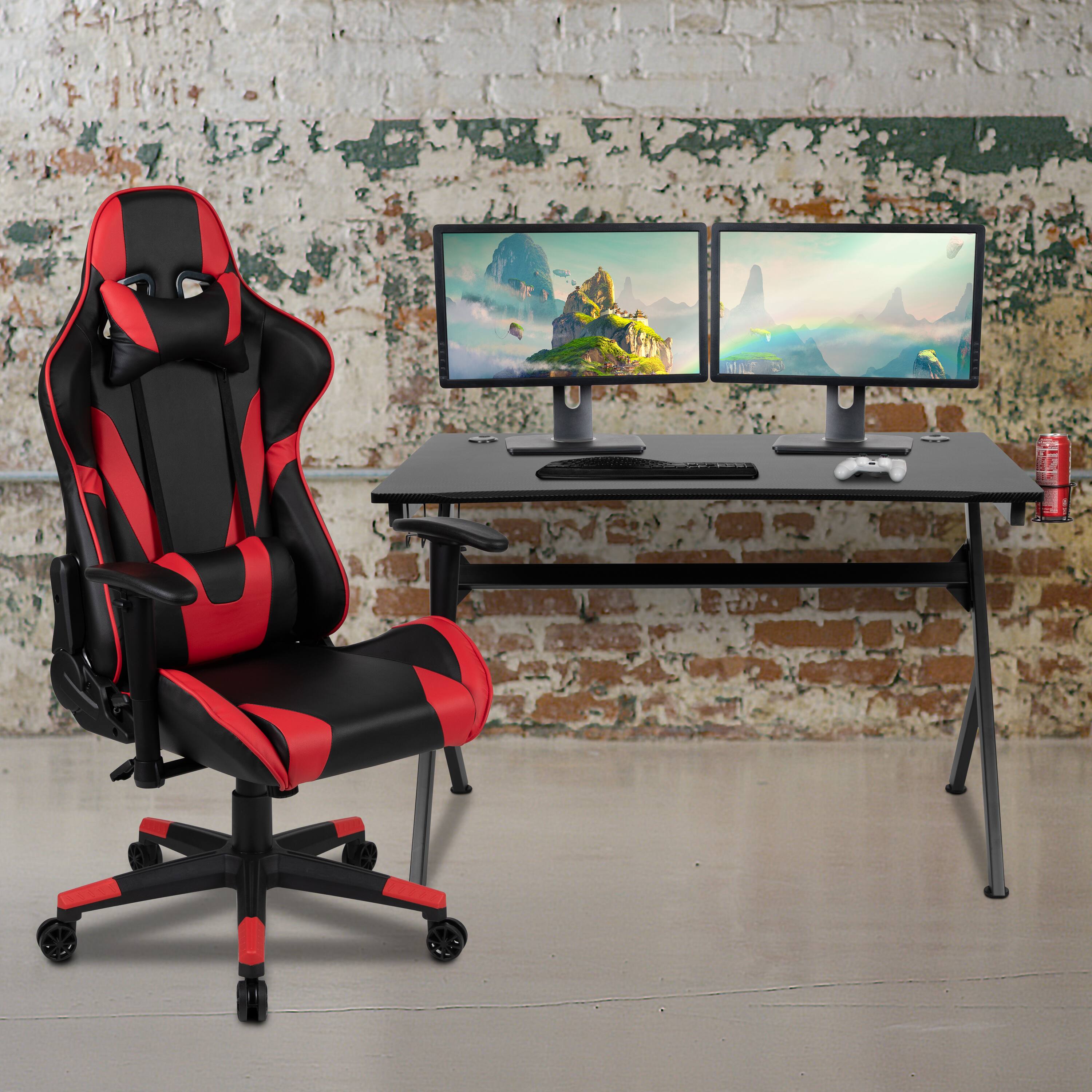 Alt View 1. Emma + Oliver - Gaming Bundle-Desk, Cup Holder/Headphone Hook & Reclining Chair - Red.