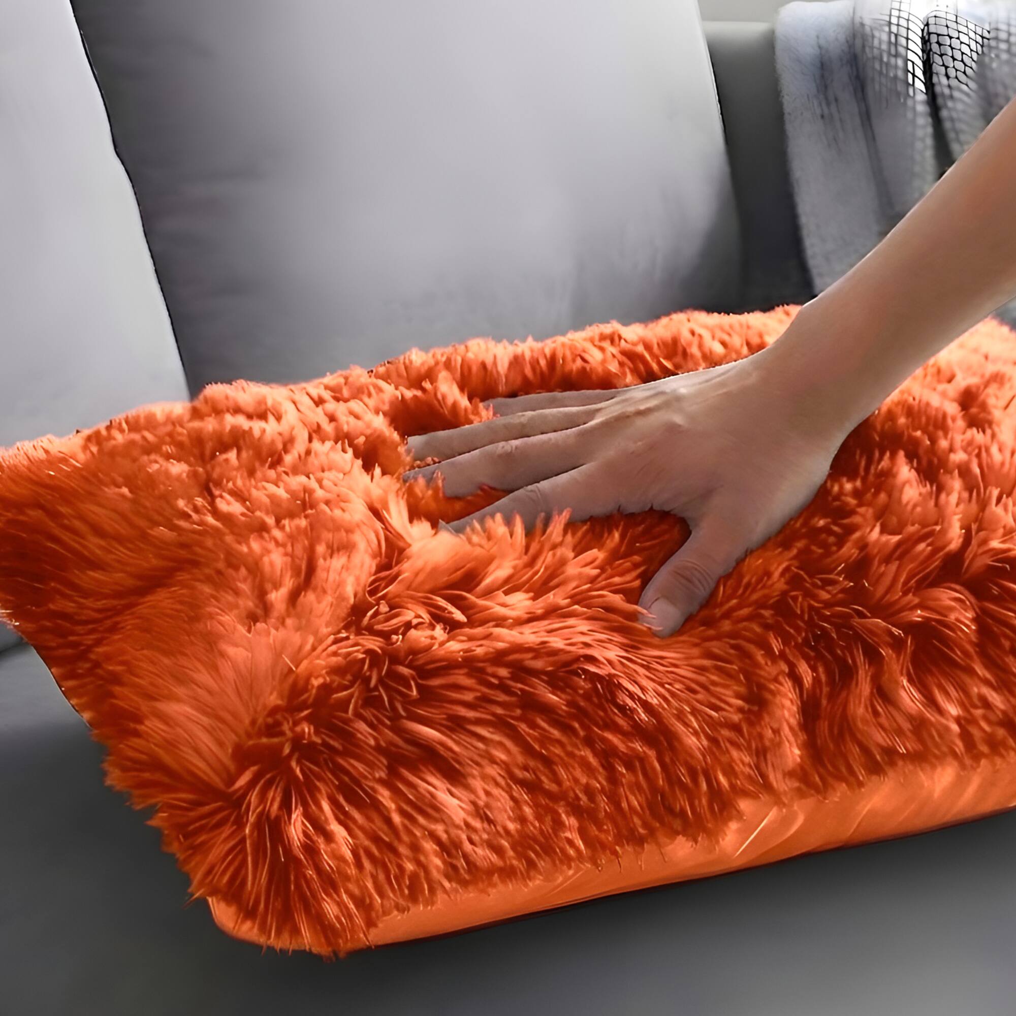 Left. Cheer Collection - Plush Shaggy Long Hair Faux Fur Lumbar Accent Pillows with Inserts, 12 x 20 in, Set of 2 - Rust - Rust Orange.