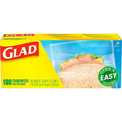 GLAD
FOOD-GRAD SANDWICH BAGS
180 BAGS 6-1/2" X 5-1/2" (16.5 cm X 14 cm X 2.54 cm)
FOLD-TOP BAGS
OPEN & EASY CLOSE