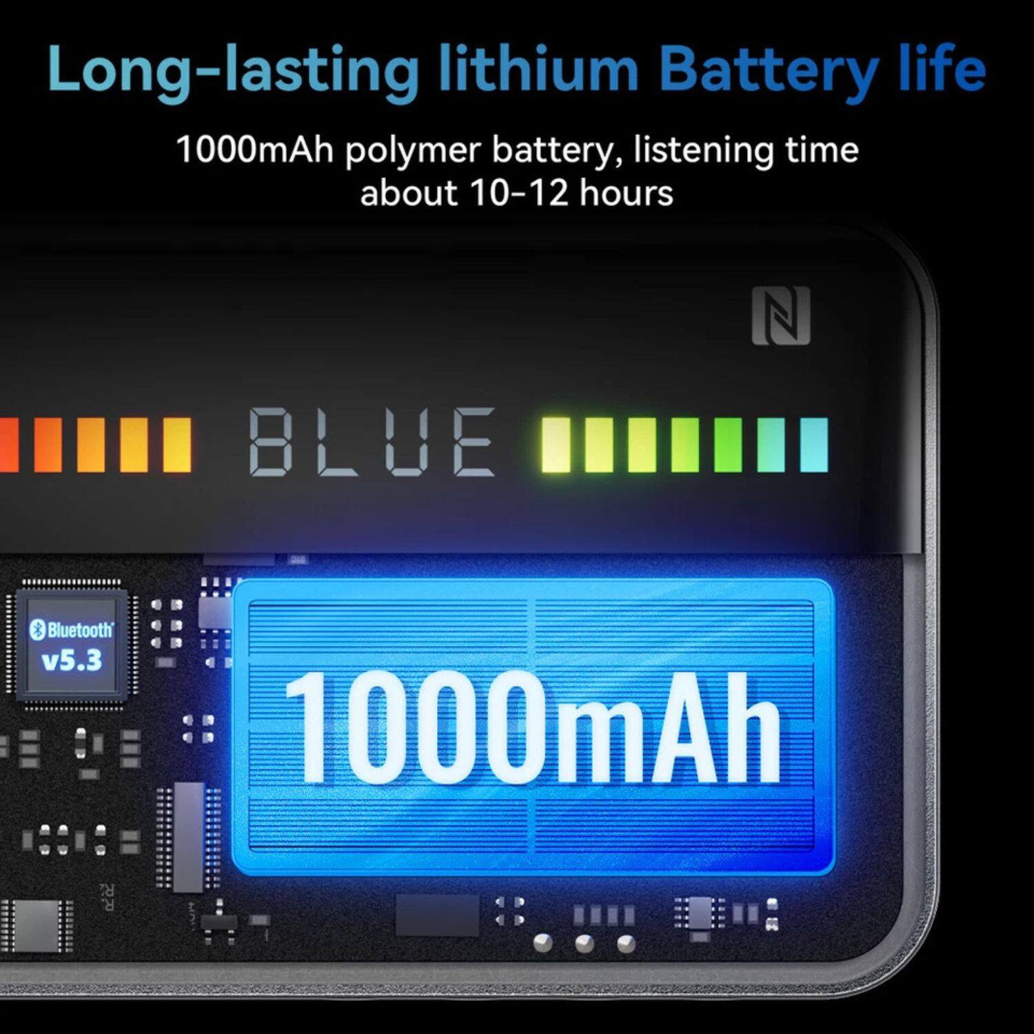 Long-lasting lithium Battery life

1000mAh polymer battery, listening time about 10-12 hours

Bluetooth v5.3