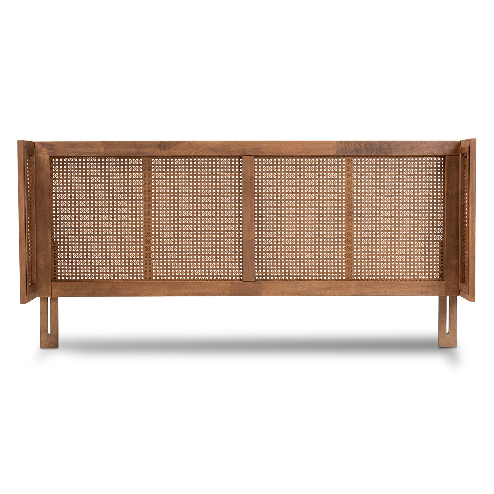 Angle. Baxton Studio - Rina Mid-Century Modern Finished Wood and Synthetic Rattan Queen Size Wrap-Around Headboard - Ash walnut.