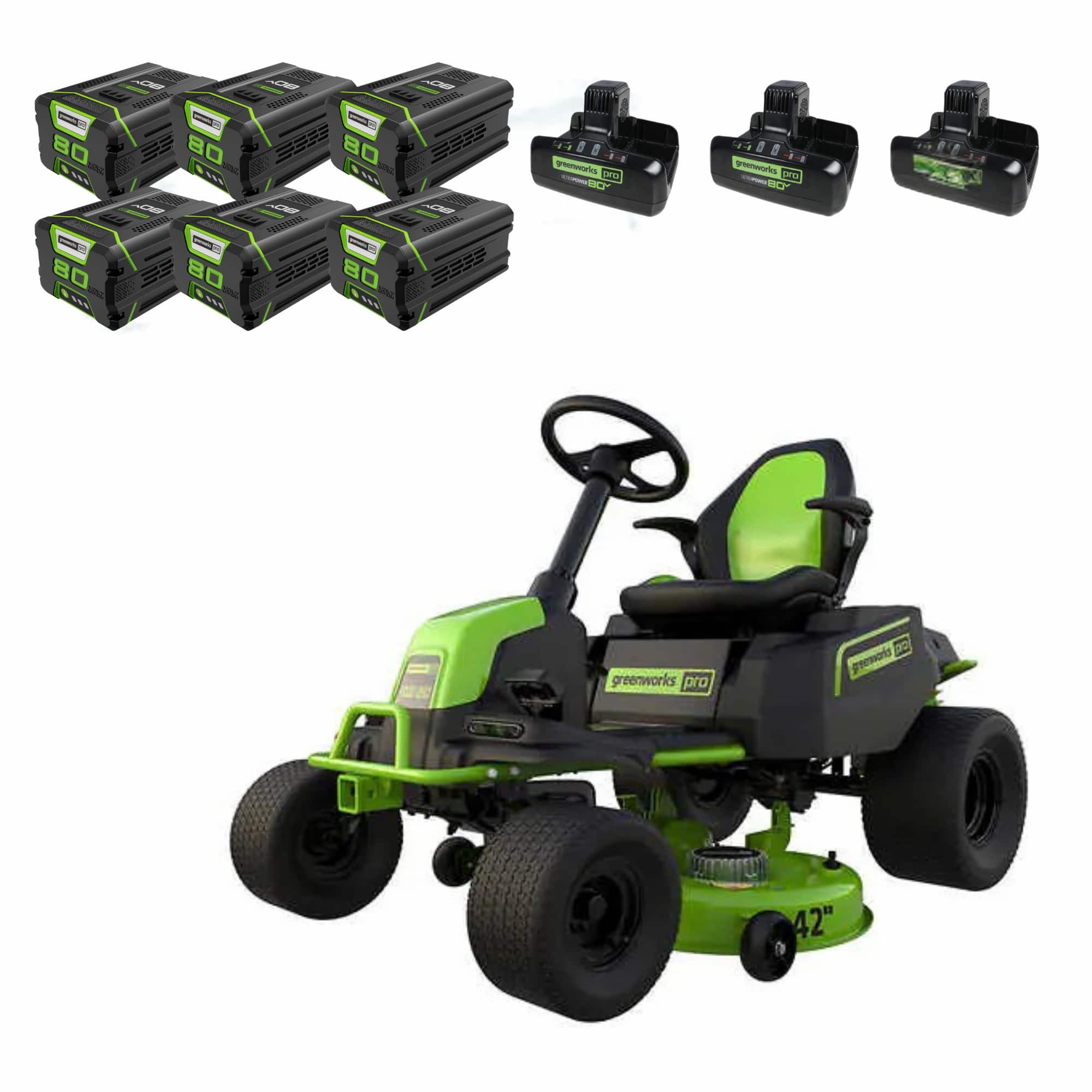 Greenworks - RENEWED 80V 42" Cordless CrossoverT Riding Lawn Mower, (6) 5Ah Batteries and (3) Dual-Port Turbo Chargers, CRT4281