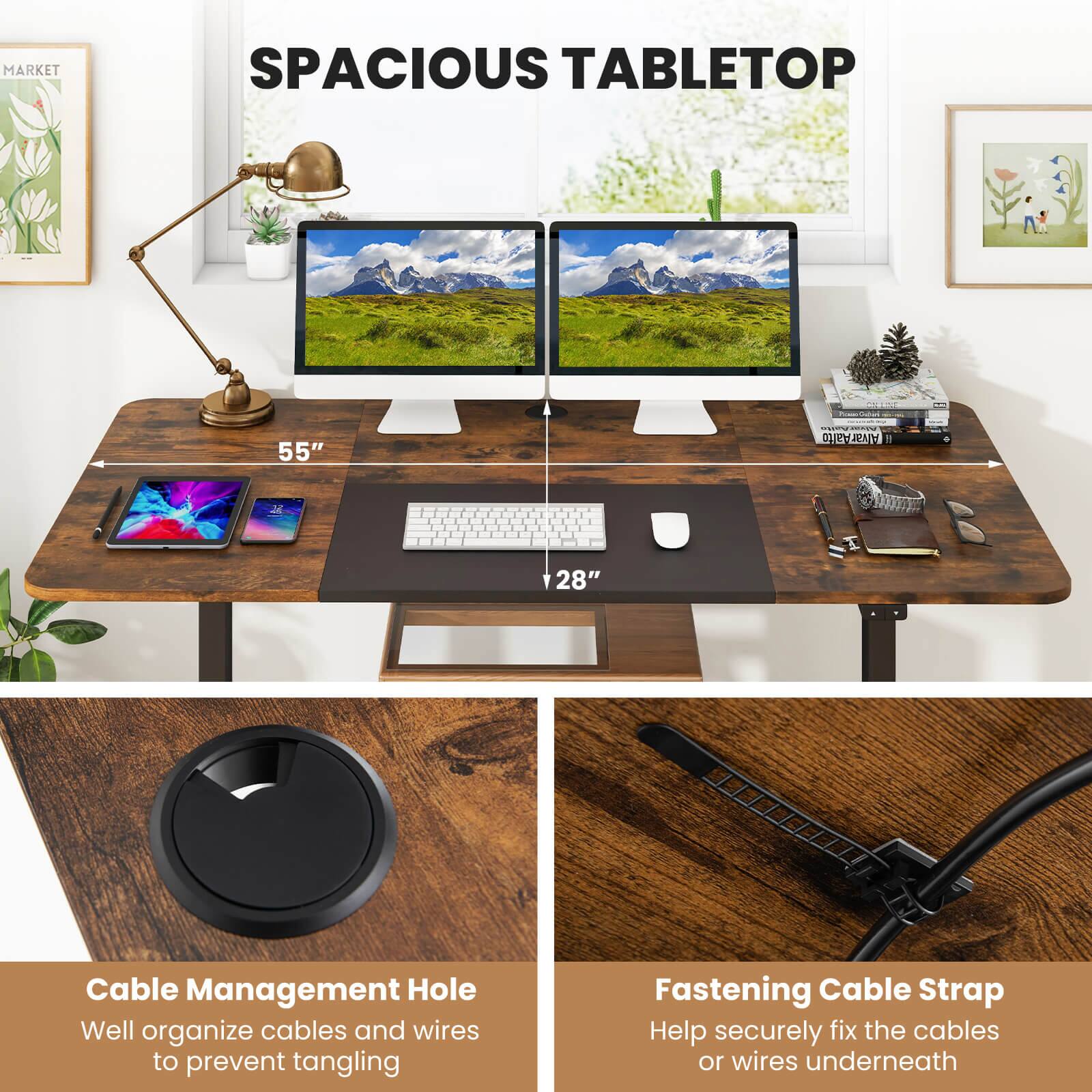 The image features a wooden desk with a laptop, keyboard, and mouse on it. There is also a cell phone and a book on the desk. The desk is accompanied by a lamp and a potted plant. The image is labeled "Spacious Tabletop," which suggests that the desk is designed to be spacious and organized. The desk also has a cable management hole and a fastening cable strap to help keep cables and wires neat and secure.