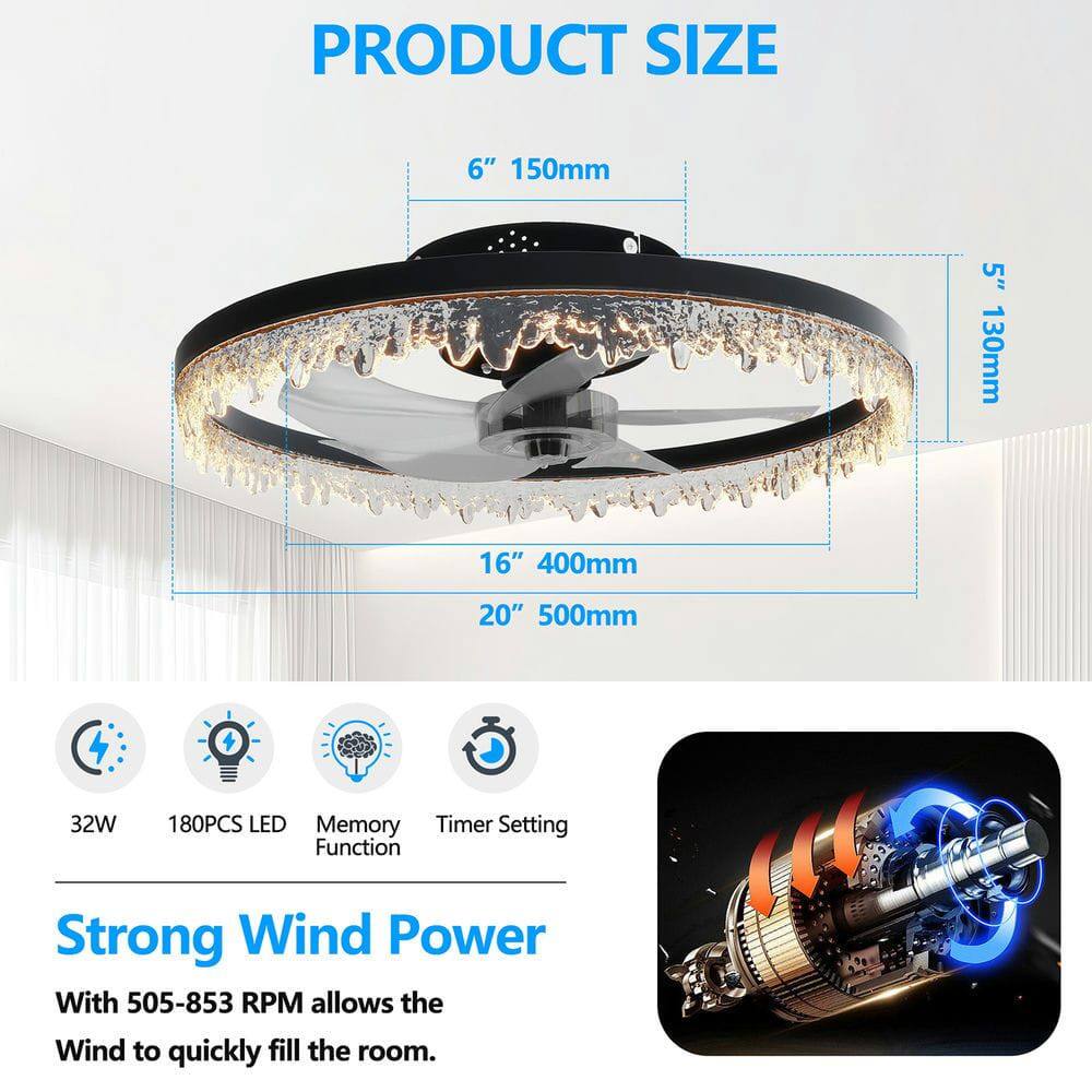 **PRODUCT SIZE**

- 6" 150mm
- 5" 130mm
- 16" 400mm
- 20" 500mm

**Features:**
- 32W
- 180PCS LED
- Memory Function
- Timer Setting

**Strong Wind Power**

With 505-853 RPM allows the Wind to quickly fill the room.