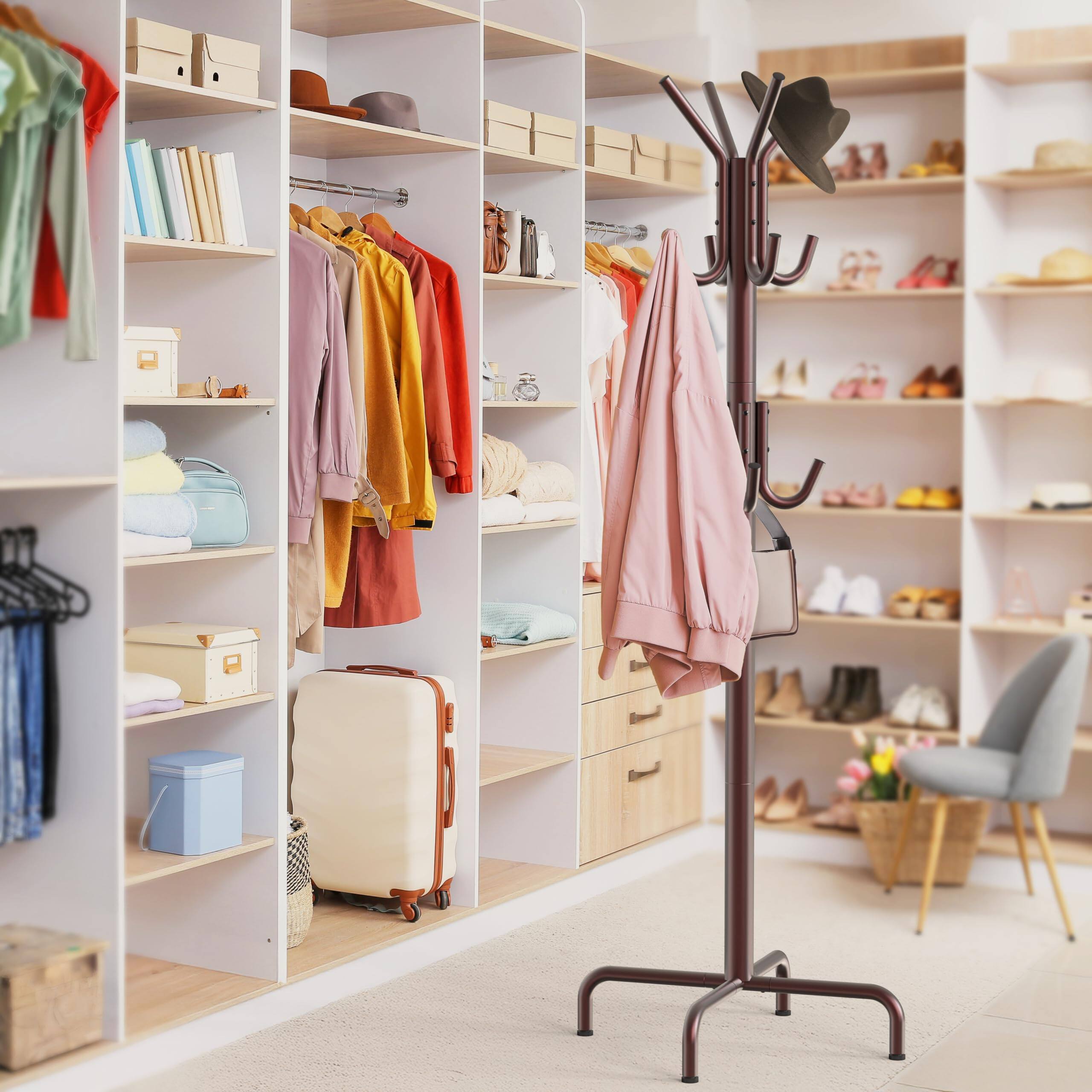 Alt View 3. Refined Abode Design - Standing Coat And Hat Hanger Organizer Rack - Red.