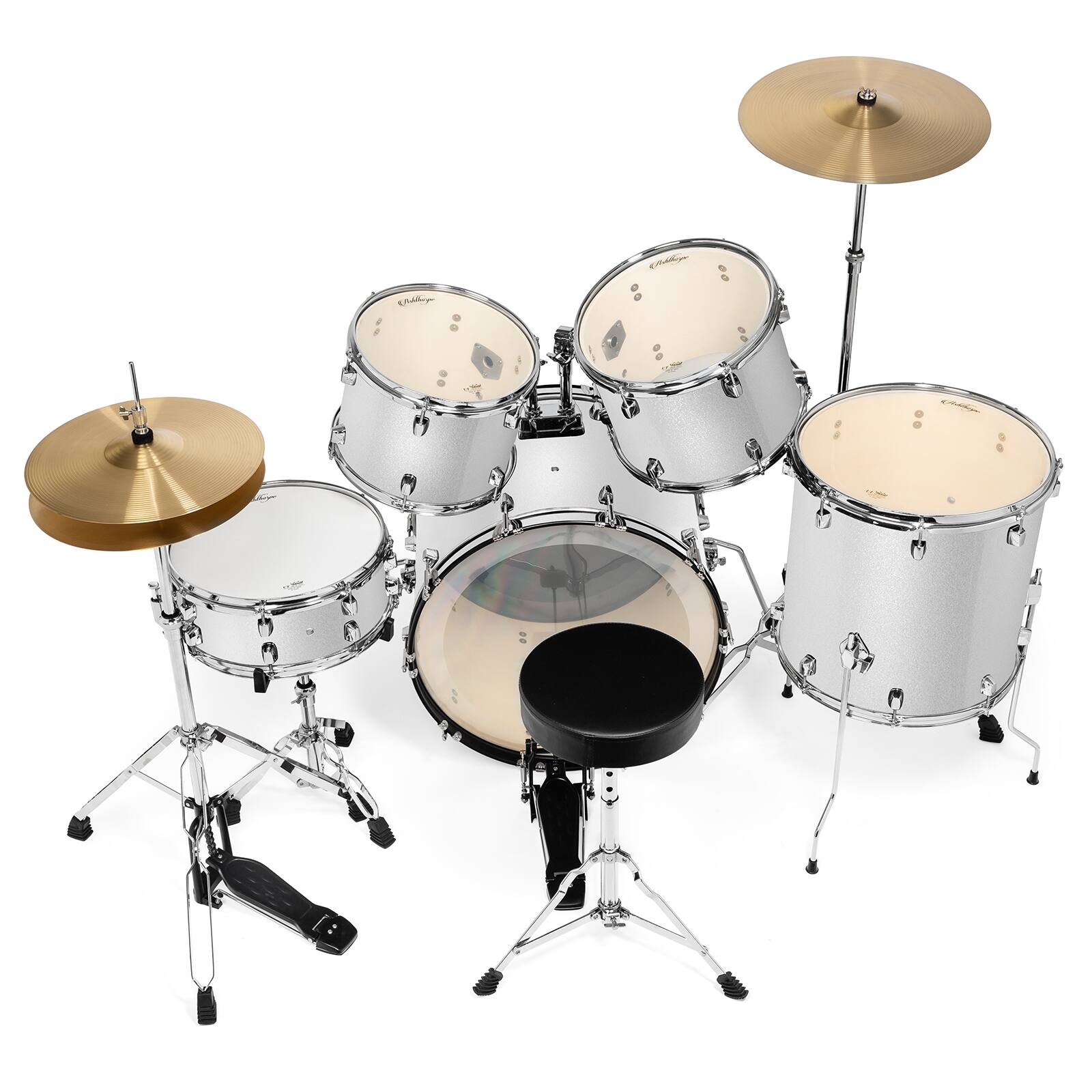 Alt View 2. Ashthorpe - Adult Drum Set with Remo Heads and Brass Cymbals (Set of 5) - Silver.
