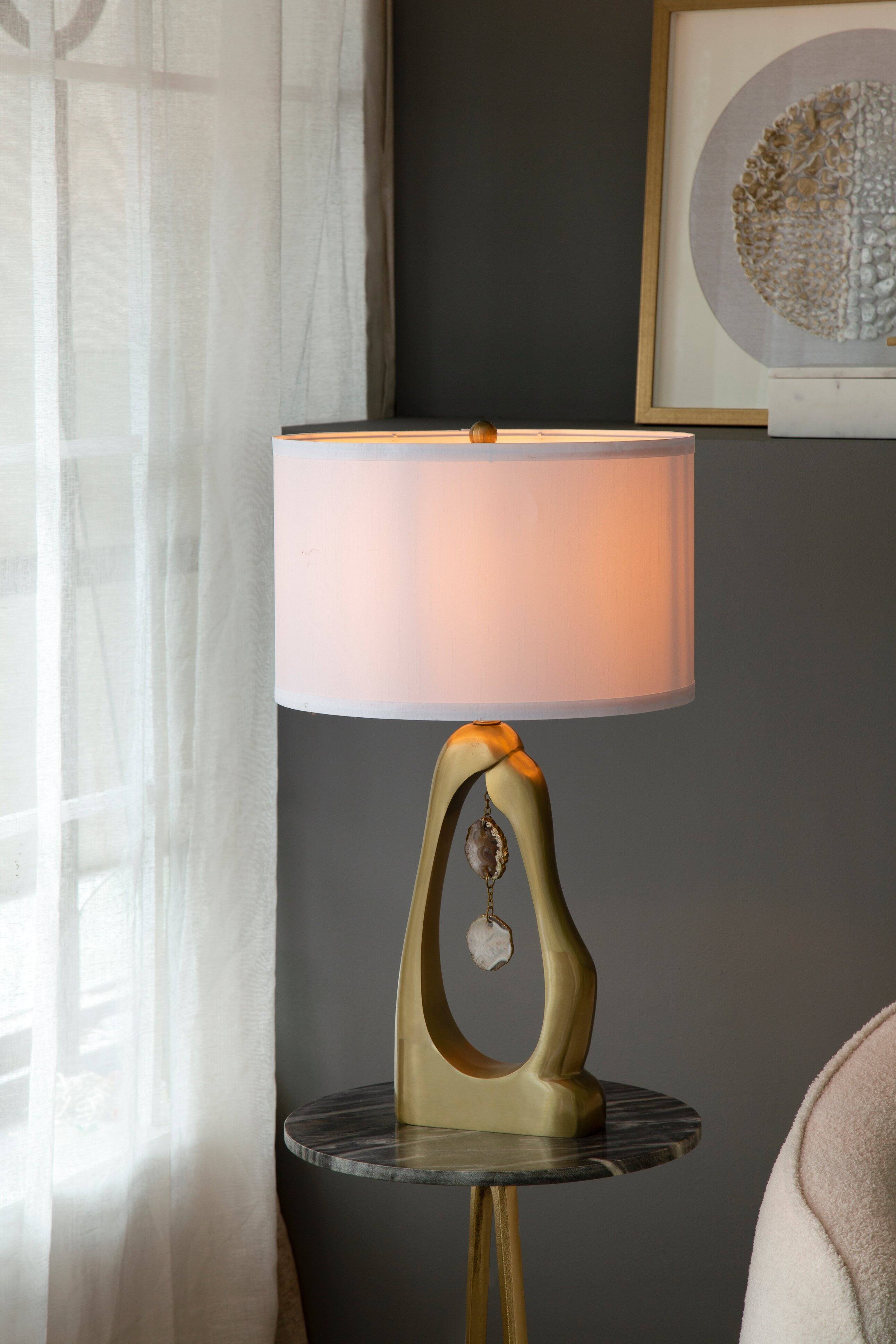 Left. Dexmalle - Dexmalle-Table Lamp with White Drum Shade- Gold Geode Shaped.