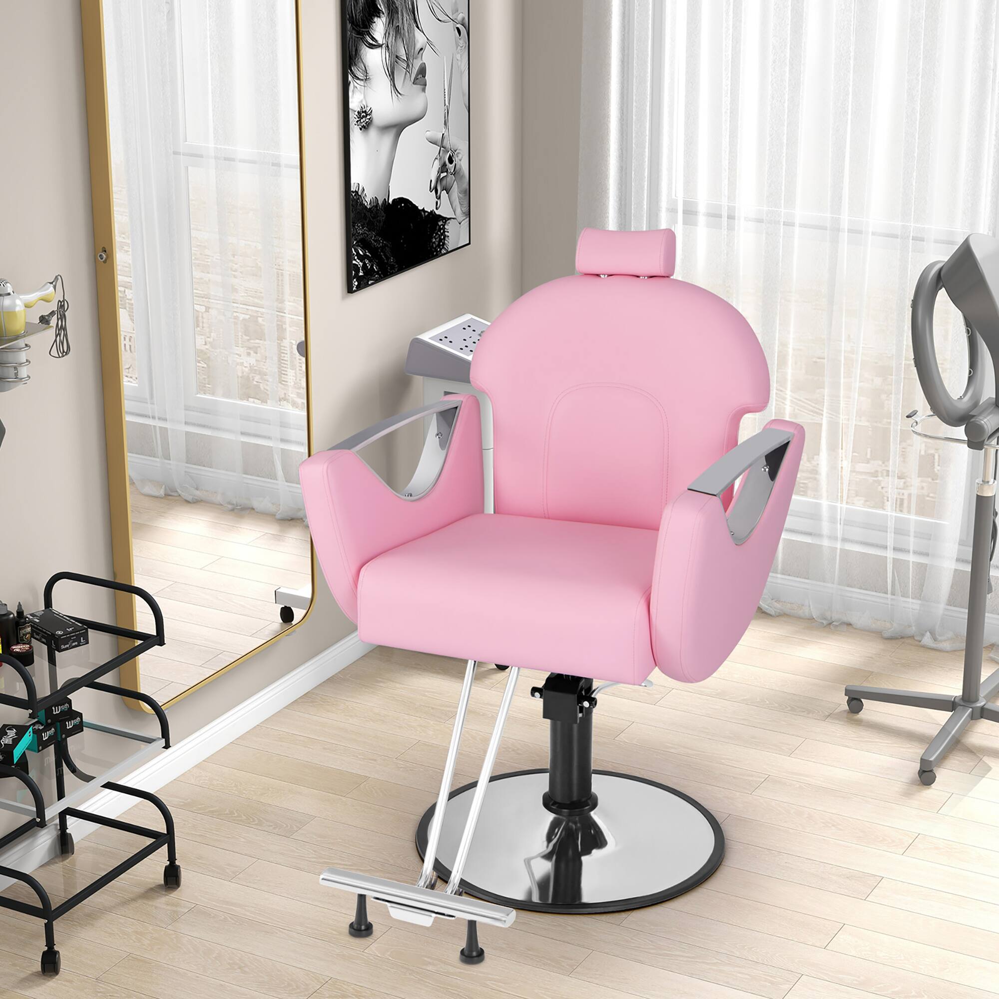 Alt View 1. Gymax - Gymax Barber Chair Reclining Salon Chair for Hair Stylist w/ Adjustable Height Headrest Pink - Pink.