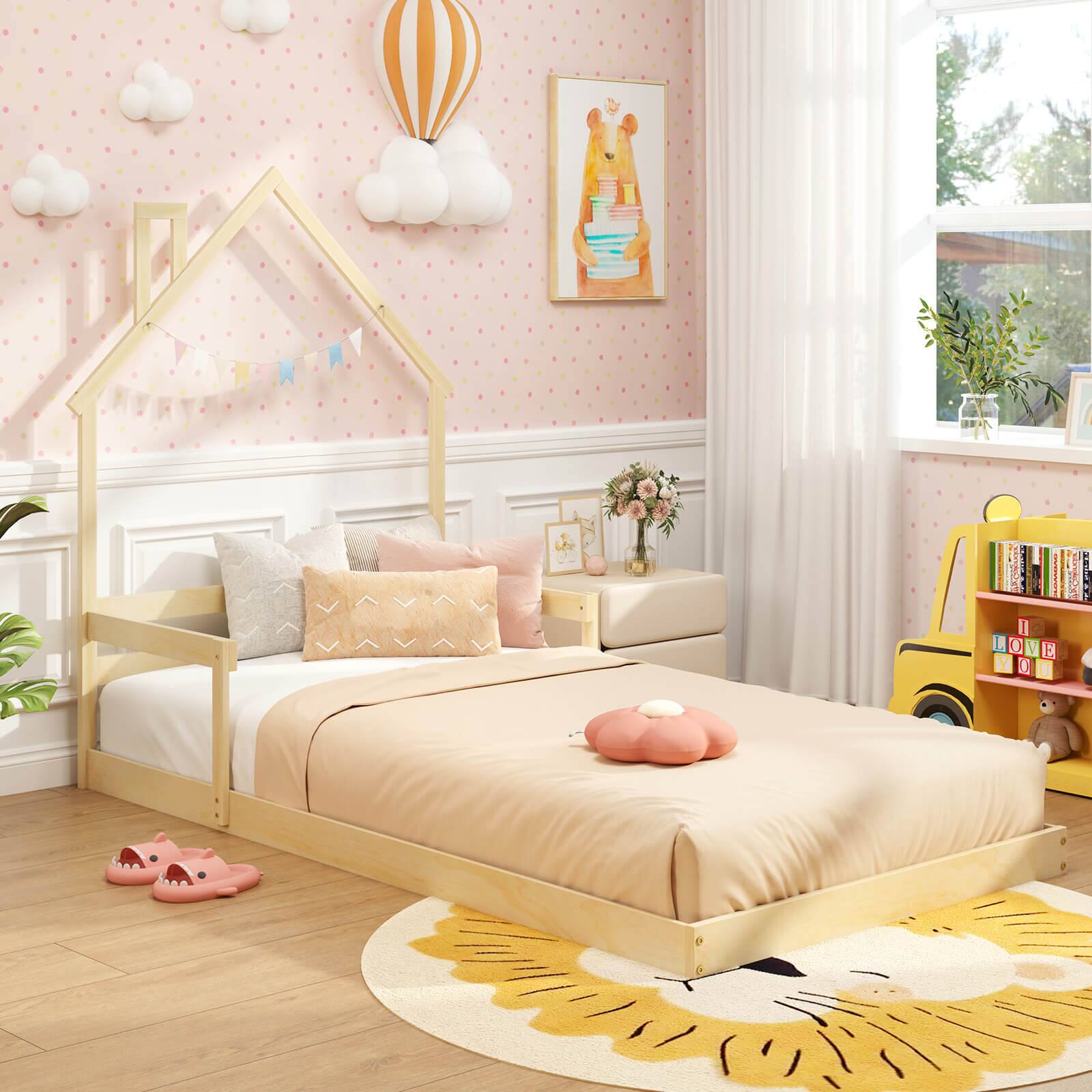 Angle. Costway - Costway Twin Size Floor Bed for Kids with Chimney Headboard & Handrail Natural - Natural.