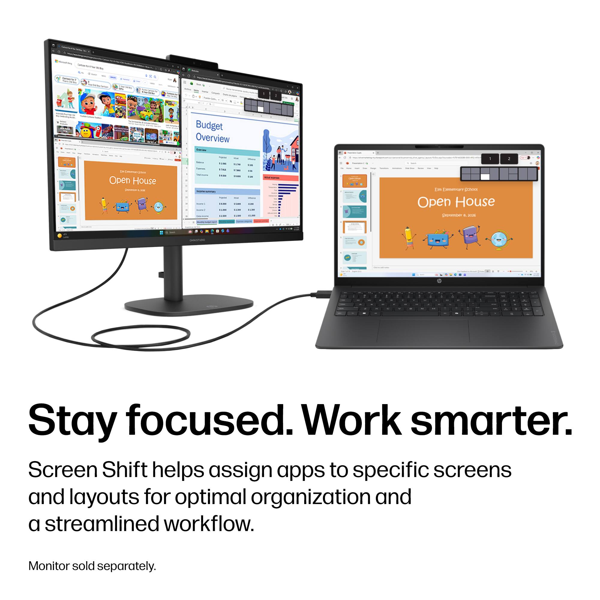 - F C 2 Budget Overview
- Open House
- Open House prenember 1
- Stay focused. Work smarter. Screen Shift helps assign apps to specific screens and layouts for optimal organization and a streamlined workflow. Monitor sold separately.