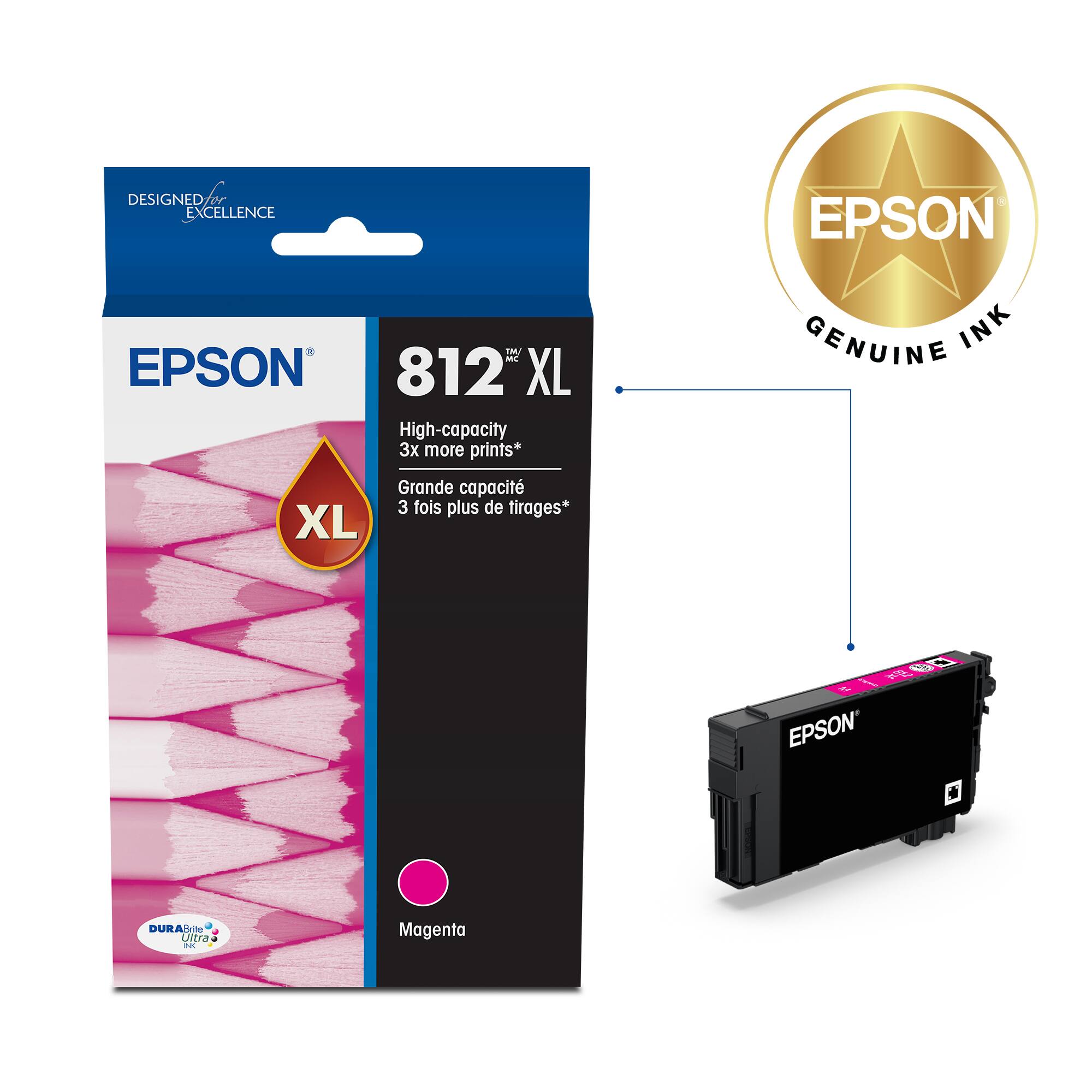 Designed Excellence Epson TM MAl EPSON 812 XL High-capacity 3x more prints* Genuine Ink XL Grande capacit 3 fois plus de tirages* wp EPSON Durable Ultra Fine Magenta