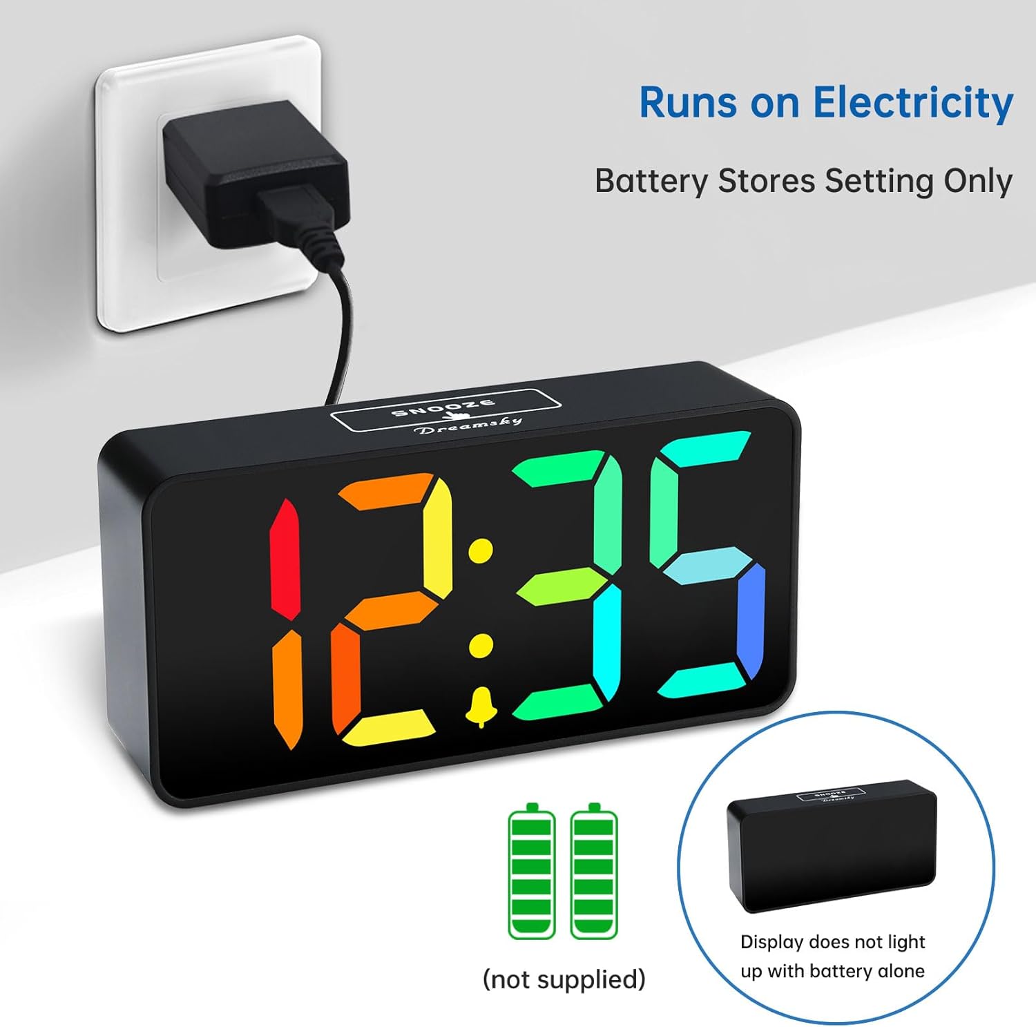 Runs on Electricity  
Battery Stores Setting Only  

12:35 (not supplied)  
Display does not light up with battery alone