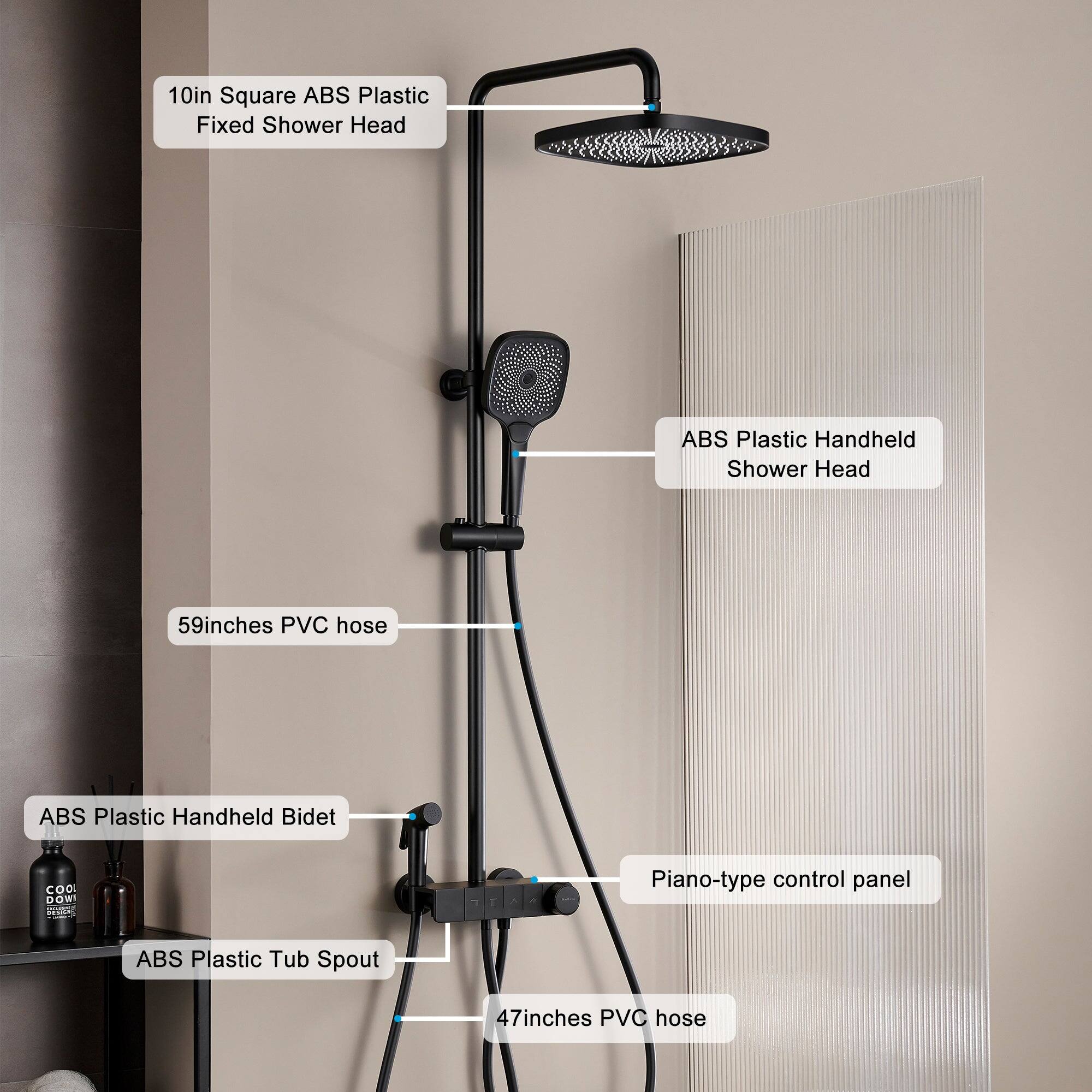 10in Square ABS Plastic Fixed Shower Head, ABS Plastic Handheld Shower Head, 59inches PVC hose, ABS Plastic Handheld Bidet, Piano-type control panel, ABS Plastic Tub Spout, 47inches PVC hose