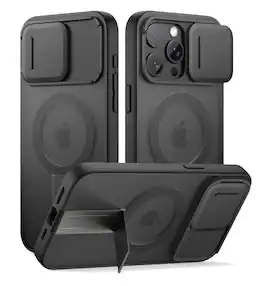 SURITCH - Rugged Case for iPhone 15 Pro Max, Compatible with MagSafe, Built-in Kickstand & Camera Cover & Translucent Back - Aurora Black