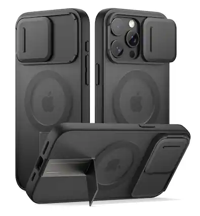 Front. SURITCH - Rugged Case for iPhone 15 Pro Max, Compatible with MagSafe, Built-in Kickstand & Camera Cover & Translucent Back - Aurora Black.