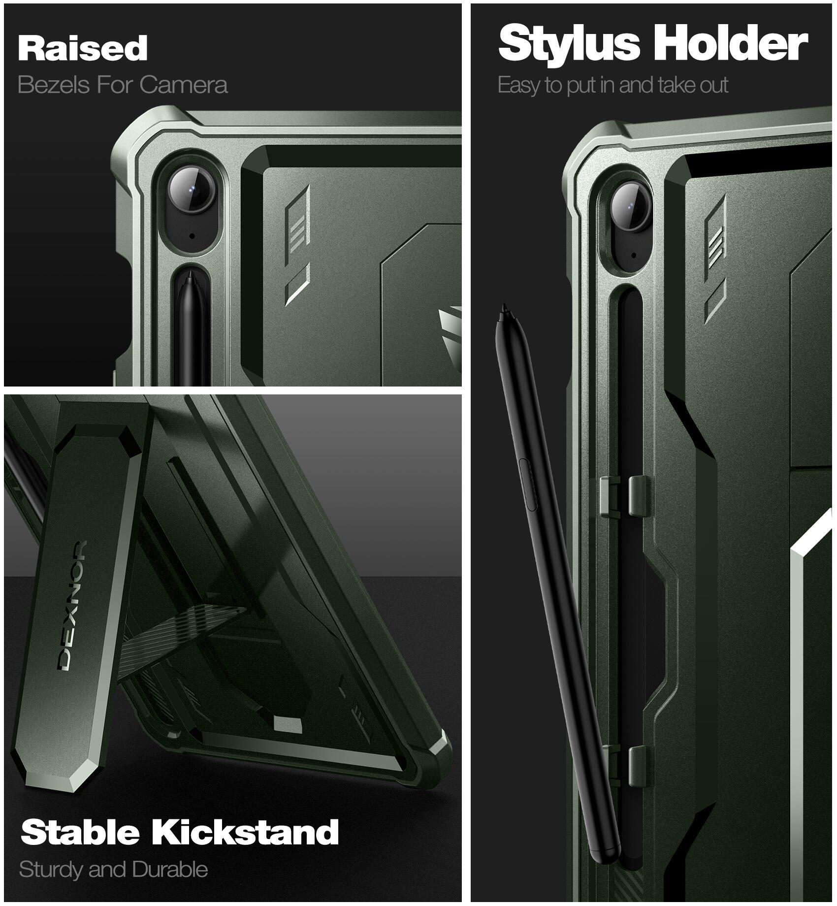 Raised Bezels For Camera  
Stylus Holder  
Easy to put in and take out  
Stable Kickstand  
Sturdy and Durable