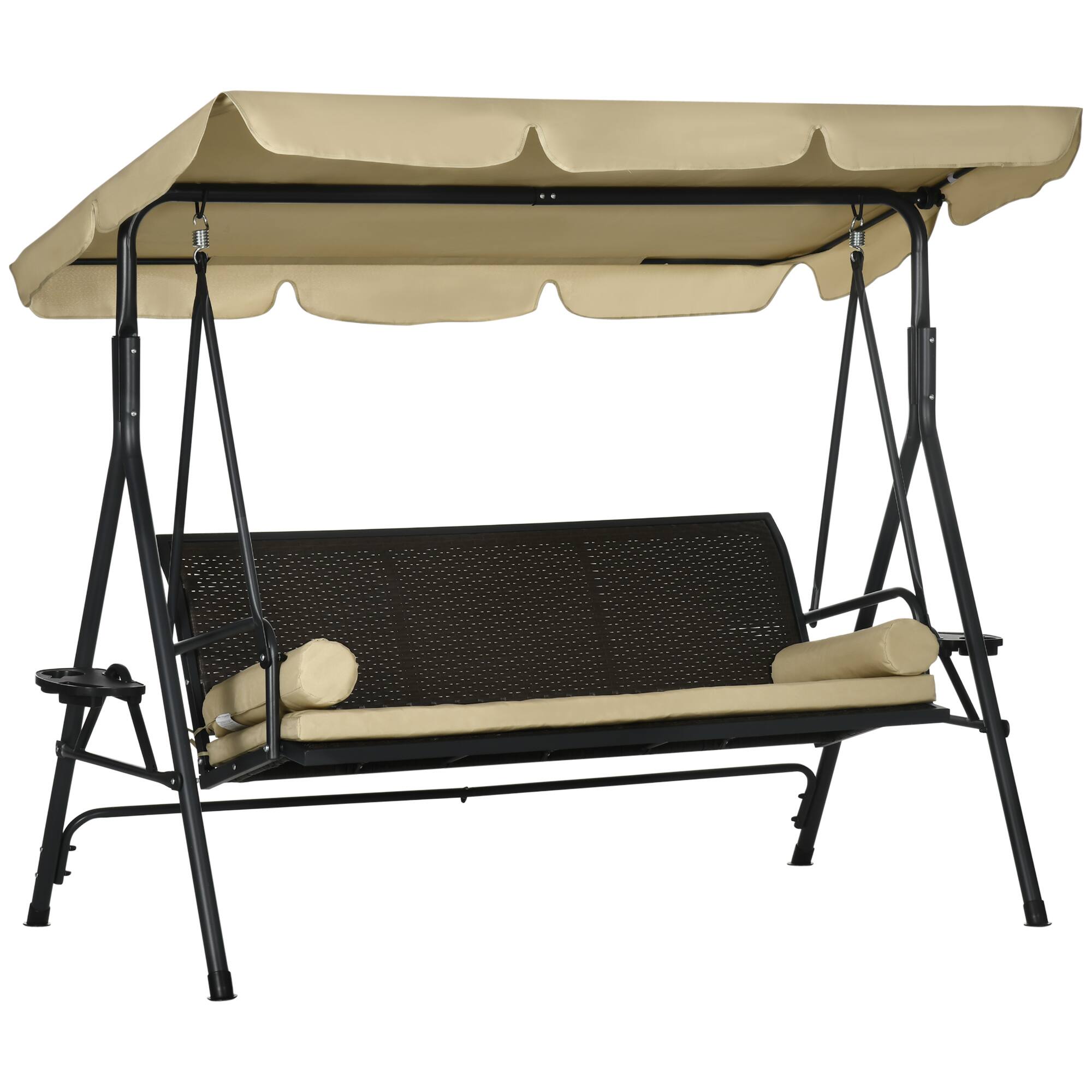 Front. Outsunny - Outsunny 3-Seat Patio Swing Chair Swing Bench for Outside w/ Adjustable Shade - Black, Brown, Khaki.
