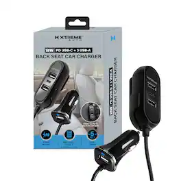 Xtreme - Auto 18W PD USB-C + 3 USB-A Back Seat Car Charger, 5-Ft Cable, 4-Port Fast Charging for Front & Back Seats - Black