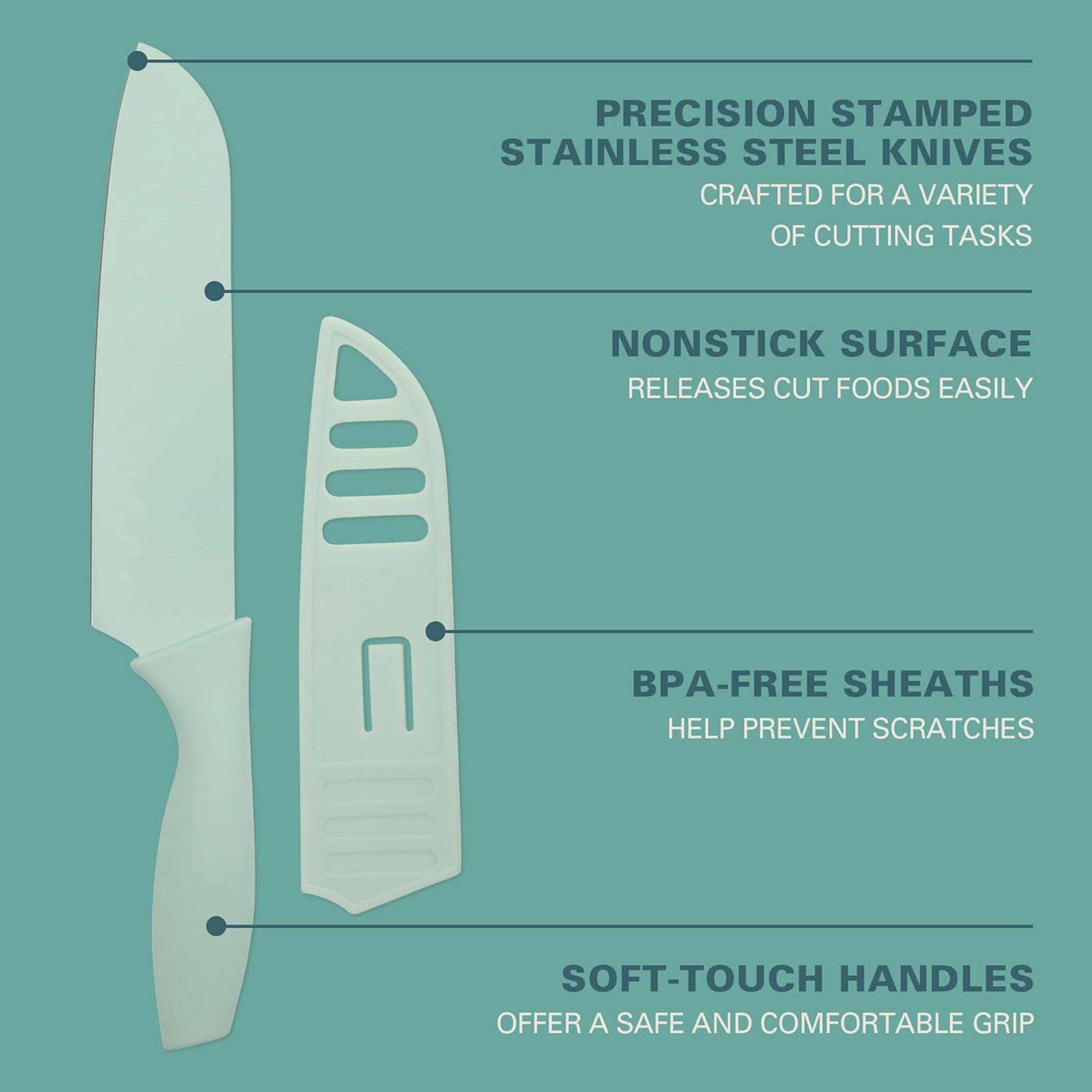 PRECISION STAMPED STAINLESS STEEL KNIVES CRAFTED FOR A VARIETY OF CUTTING TASKS

NONSTICK SURFACE RELEASES CUT FOODS EASILY

BPA-FREE SHEATHS HELP PREVENT SCRATCHES

SOFT-TOUCH HANDLES OFFER A SAFE AND COMFORTABLE GRIP