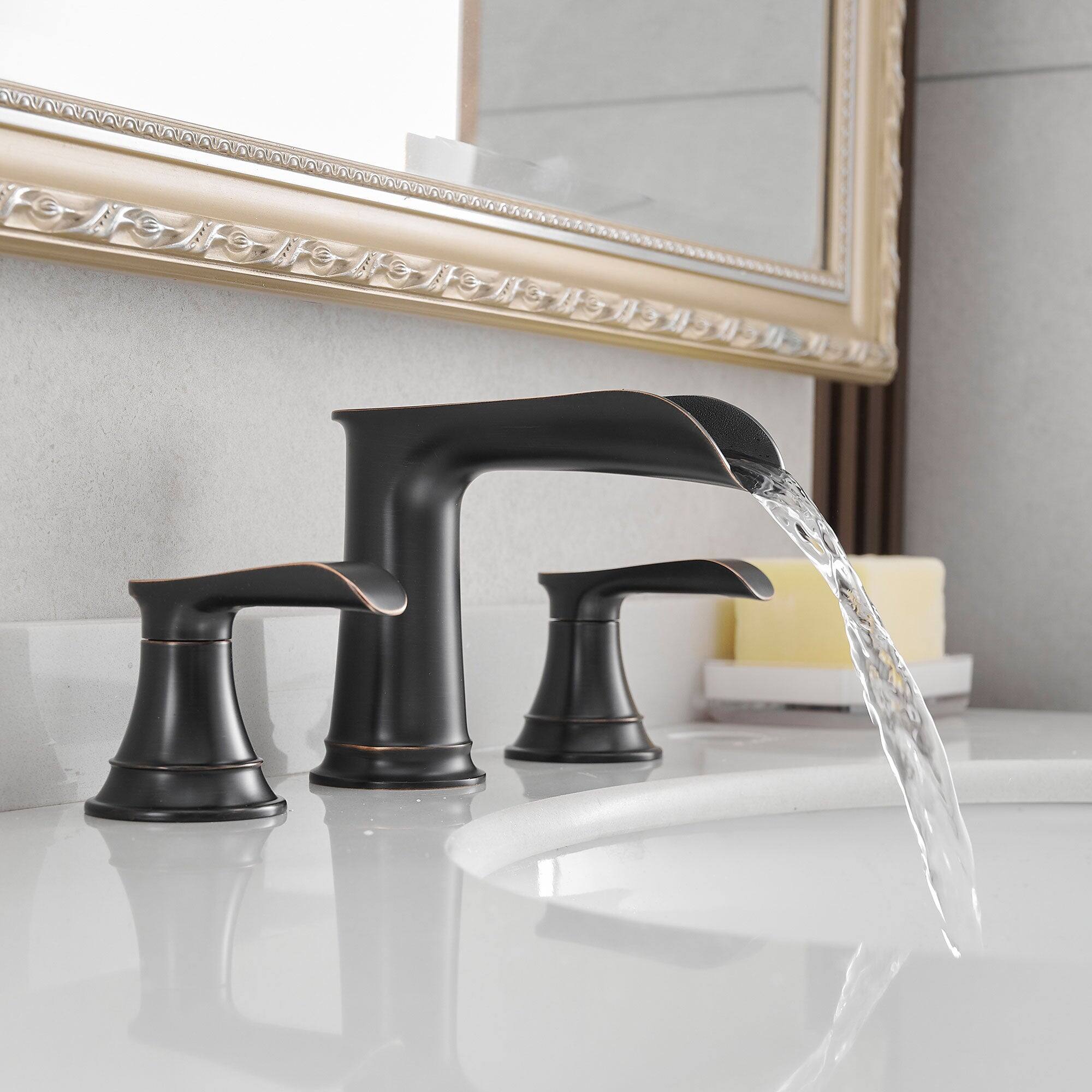 Angle. Boyel Living - 8 Inch Widespread Double Handle Brass Bathroom Faucet with Pop Up Drain and Water Supply Hoses in Oil Rubbed Bronze - Oil Rubbed Bronze.