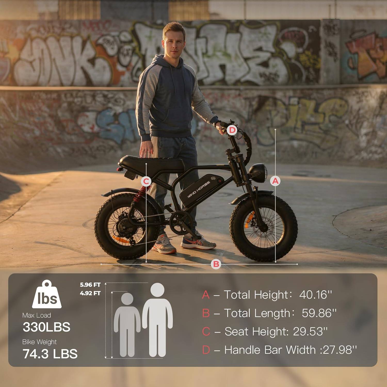 SNKS D C BRRCH WHD A  
5.96 FT 4.92 FT lbs  
Max Load 330LBS  
Bike Weight 74.3 LBS  

A - Total Height: 40.16"  
B - Total Length: 59.86"  
C - Seat Height: 29.53"  
D - Handle Bar Width: 27.98"