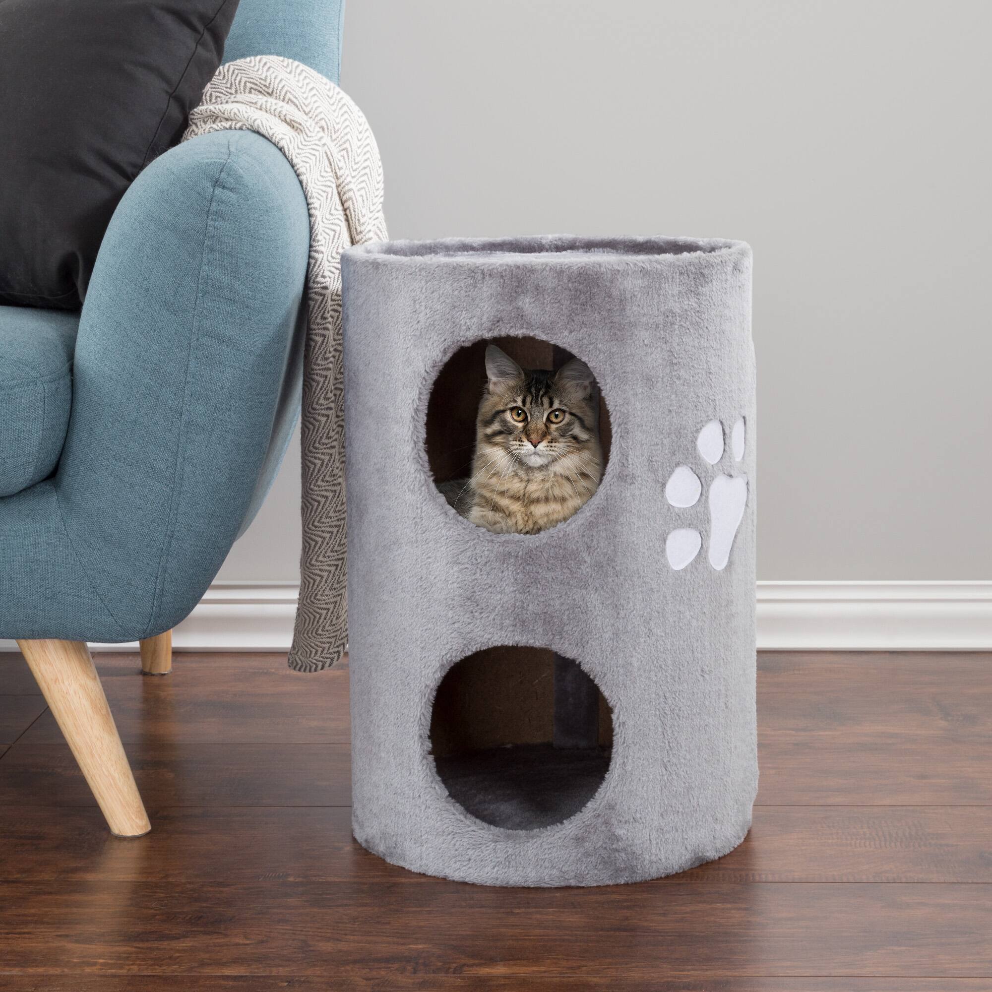 Alt View 1. PetMaker - 20.5-Inch Cat Condo 2 Story Cat House with Sisal Scratch Pad, Barrel Shaped Pet House Covered in Soft Fabric - Gray.