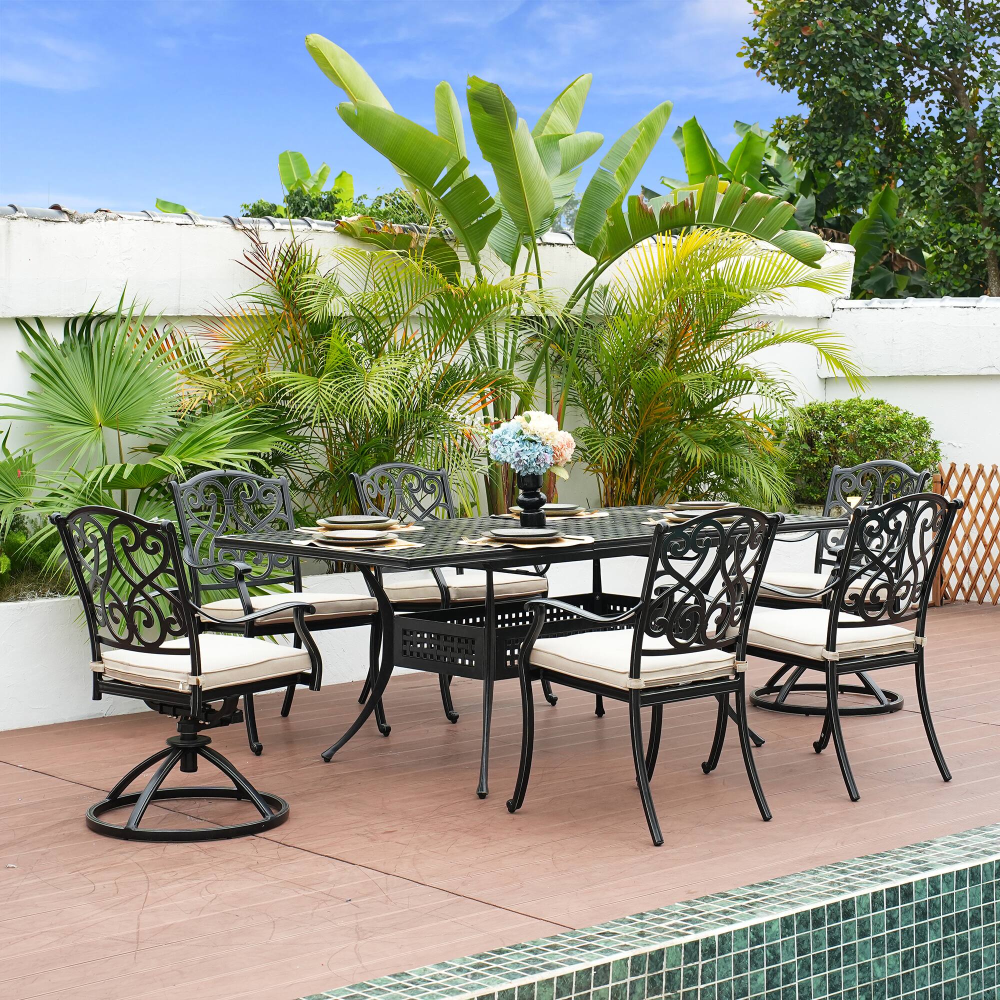 Left. Mondawe - 9 Piece Rectangular Outdoor Dining Set with Extendable Table and 8 Chairs - Black+Beige.