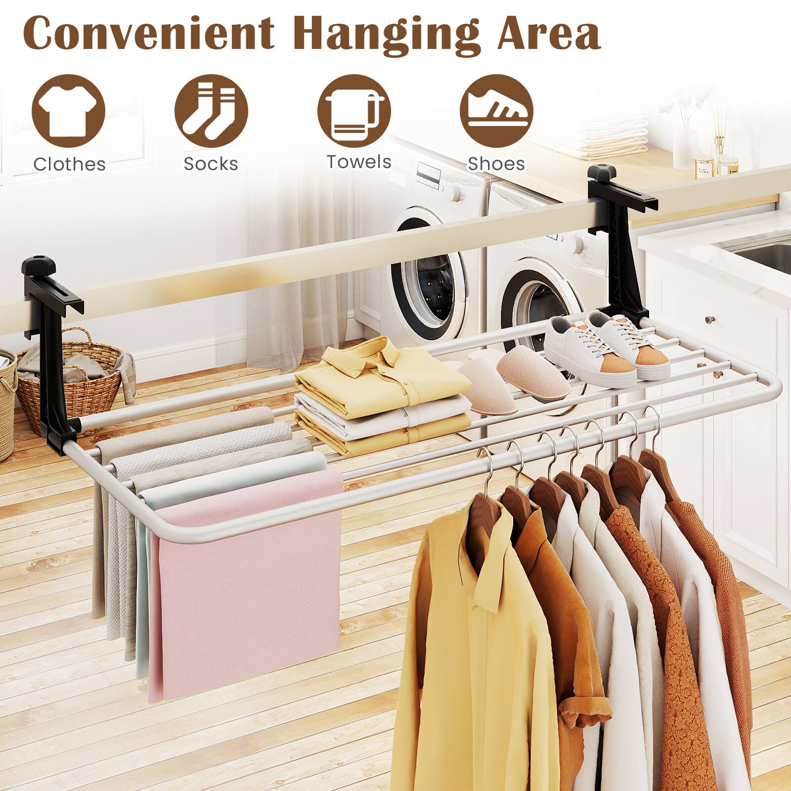 Convenient Hanging Area

- Clothes
- Socks
- Towels
- Shoes
