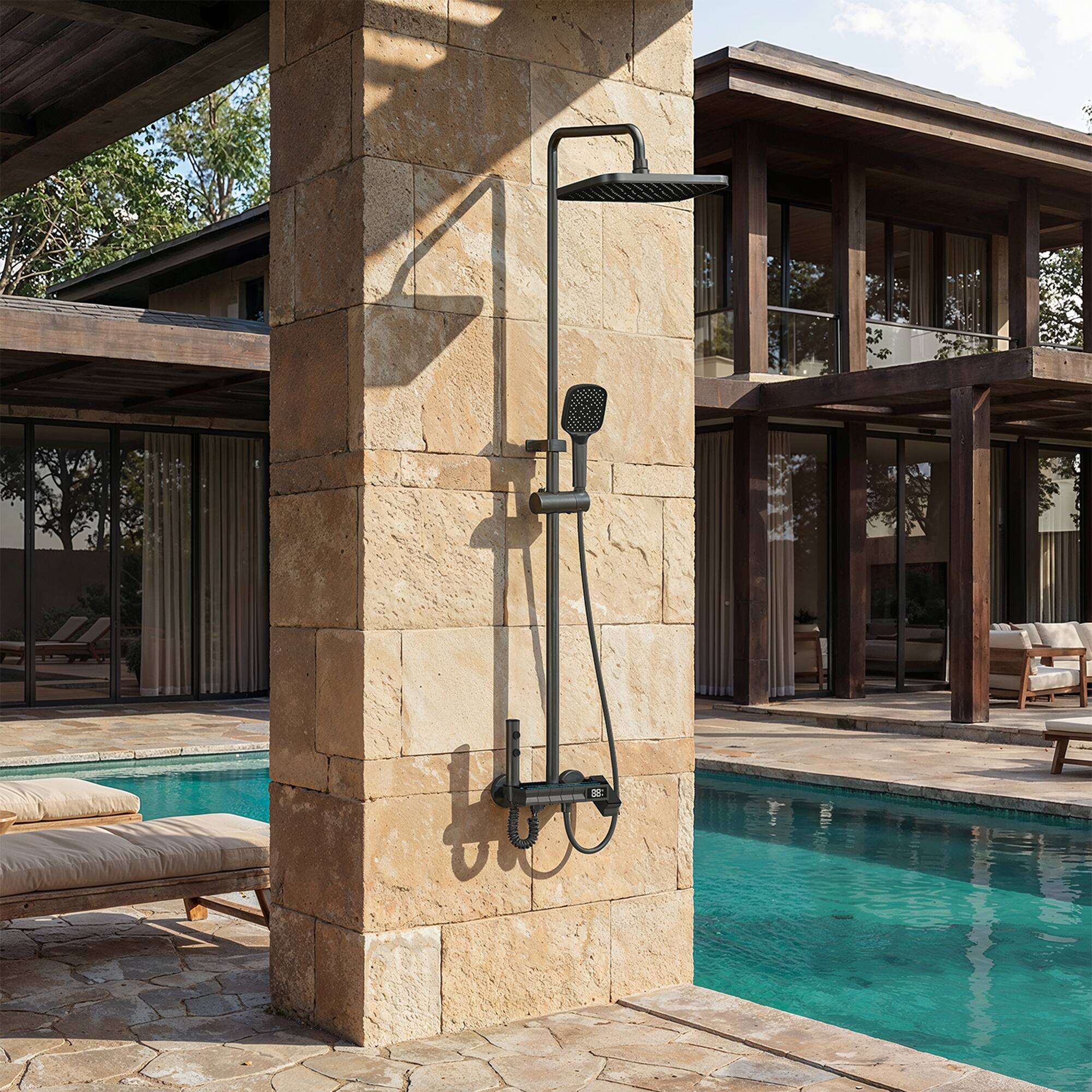 Back. Famapy - LED Thermostatic Shower System with 3-Mode Handheld Spray, 4-Function Piano Button Rainfall Shower Combo - Gunmetal Gray.