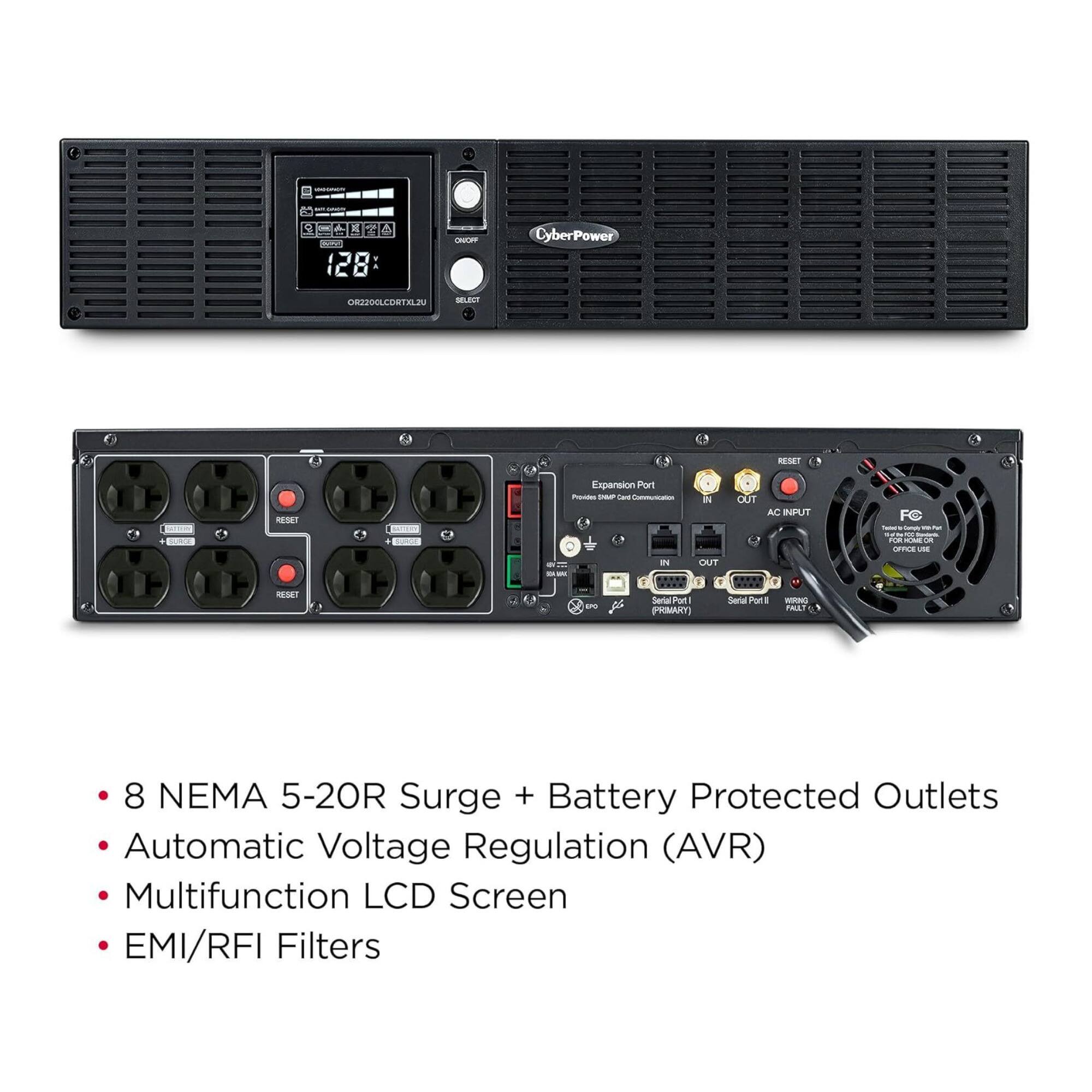 - 8 NEMA 5-20R Surge + Battery Protected Outlets
- Automatic Voltage Regulation (AVR)
- Multifunction LCD Screen
- EMI/RFI Filters