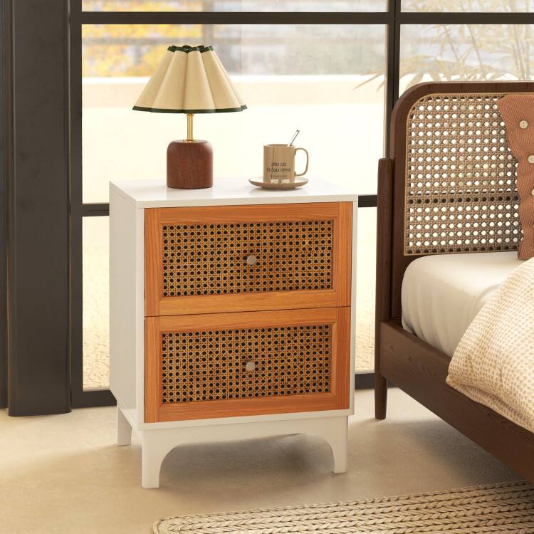 Left. SlickBlue - Bedside Accent Table with 2 Rattan-Decorated Drawers for Bedroom or Living Room - White.