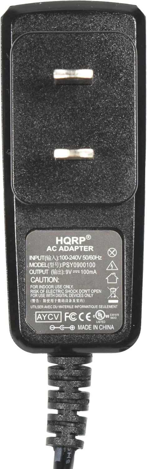 HQRPA AC ADAPTER  
INPUT: 100-240V 50/60Hz  
MODEL: PSY0900100  
OUTPUT: 9V - 100mA  

CAUTION: FOR INDOOR USE ONLY. RISK OF ELECTRIC SHOCK. DON'T OPEN. FOR USE WITH DIGITAL DEVICES ONLY.  

UTILISER AVEC DU MATERIEL INFORMATIQUE SEULEMENT  

AYCV | FCC | CE | UL E381870 | S8DO | LISTED | MADE IN CHINA
