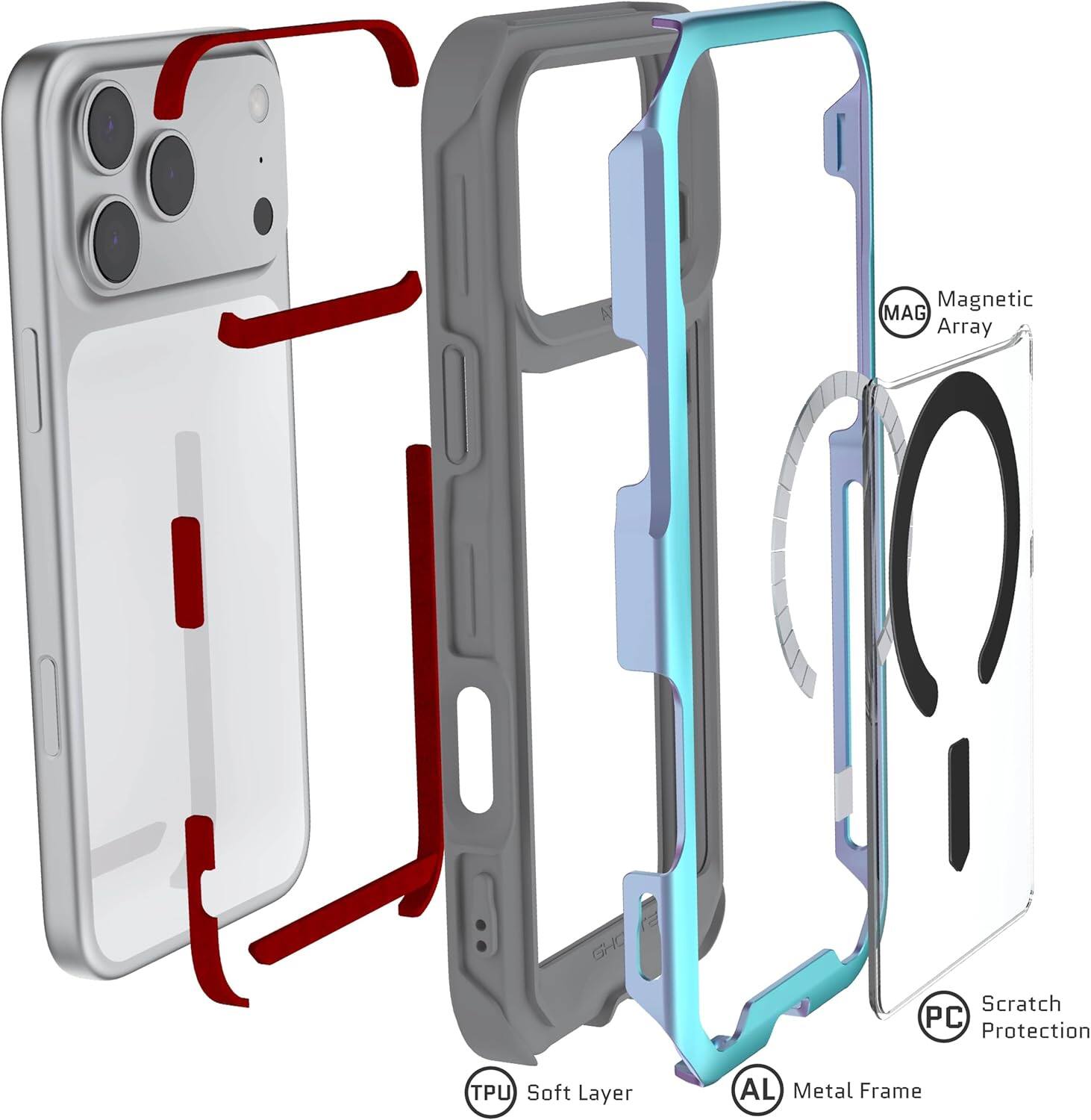 - Magnetic Array
- Scratch Protection
- TPU Soft Layer
- AL Metal Frame