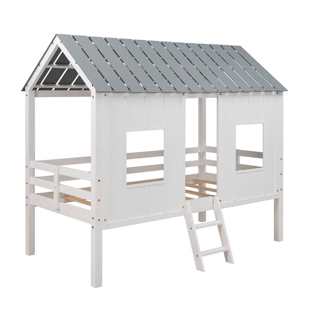Alt View 1. Loheer - Loheer Twin House Bed Low Loft Kids Playhouse Bed with Roof White - White.