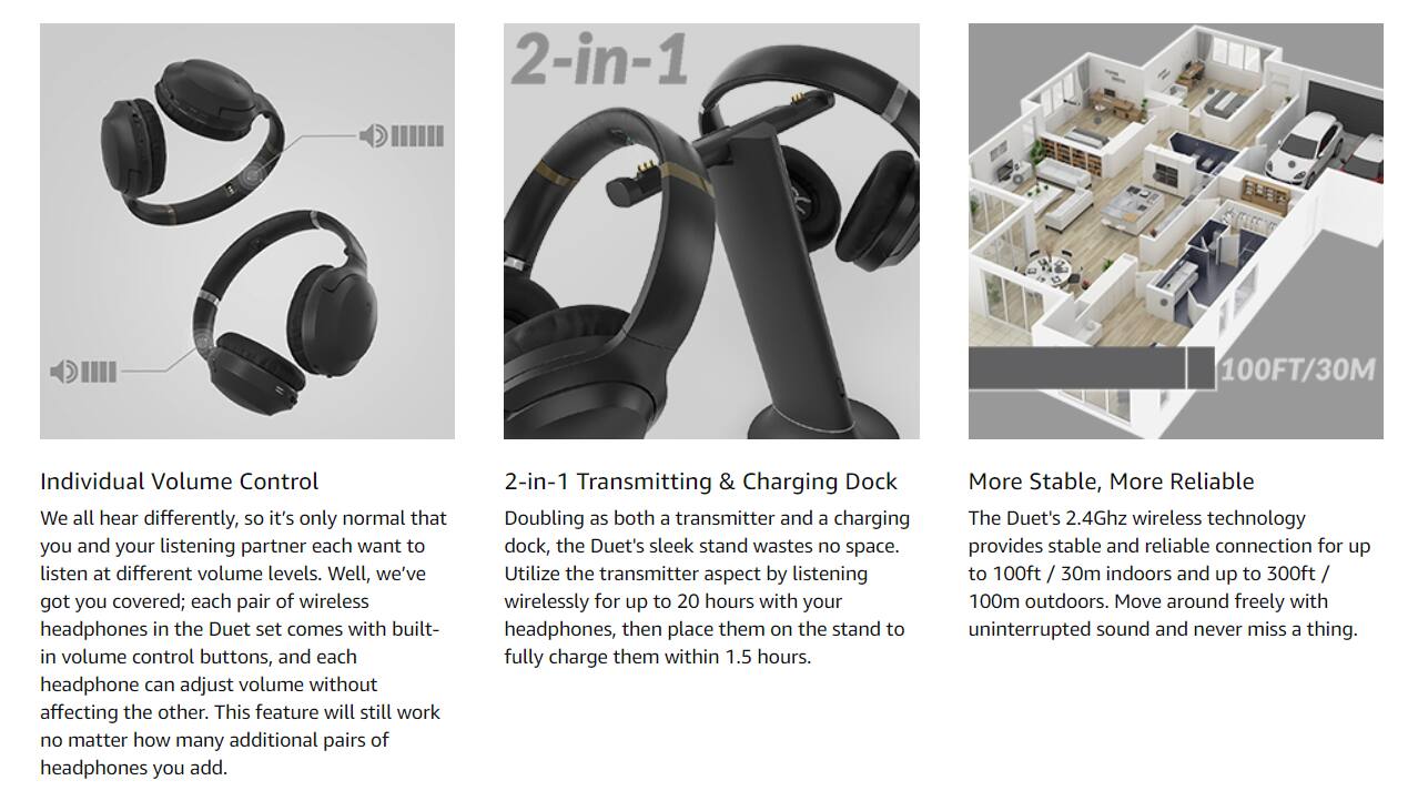 **Individual Volume Control**

We all hear differently, so it's only normal that you and your listening partner each want to listen at different volume levels. Well, we've got you covered; each pair of wireless headphones in the Duet set comes with built-in volume control buttons, and each headphone can adjust volume without affecting the other. This feature will still work no matter how many additional pairs of headphones you add.

**2-in-1 Transmitting & Charging Dock**

Doubling as both a transmitter and a charging dock, the Duet's sleek stand wastes no space. Utilize the transmitter aspect by listening wirelessly for up to 20 hours with your headphones, then place them on the stand to fully charge them within 1.5 hours.

**More Stable, More Reliable**

The Duet's 2.4Ghz wireless technology provides stable and reliable connection for up to 100ft / 30m indoors and up to 300ft / 100m outdoors. Move around freely with uninterrupted sound and never miss a thing.