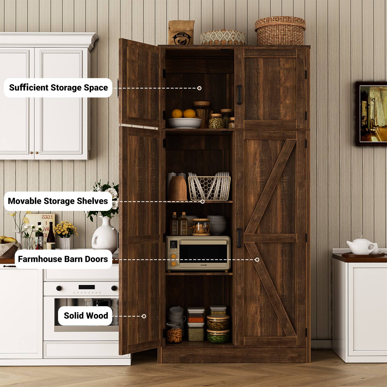 Sufficient Storage Space  
Movable Storage Shelves  
Farmhouse Barn Doors  
Solid Wood