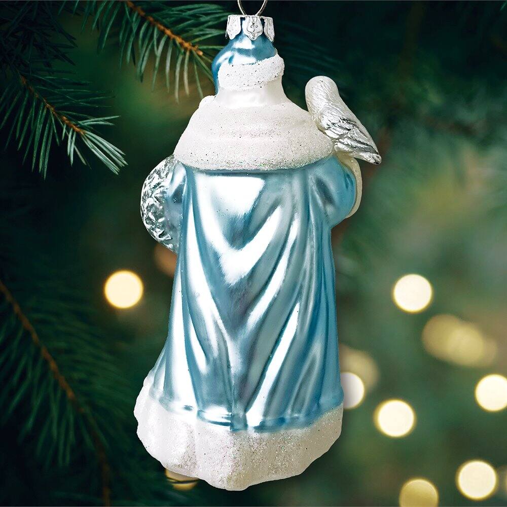 Back. OrnamentallyYou - Arctic Whispers Santa Glass Christmas Ornament Snowy Winter Theme with Light Blue Robe - Multi-colored.