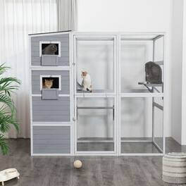 Pefilos - 76" Outdoor Cat House Kitty Catio Enclosure, Indoor Wood Cat Cage Condo Playpen with Platforms