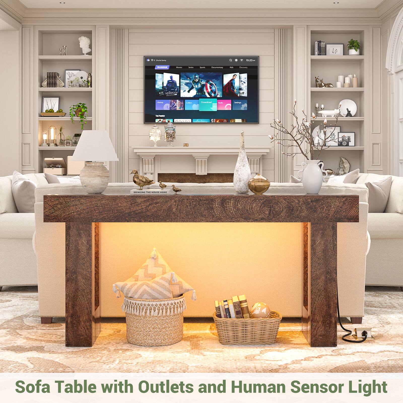 Sofa Table with Outlets and Human Sensor Light