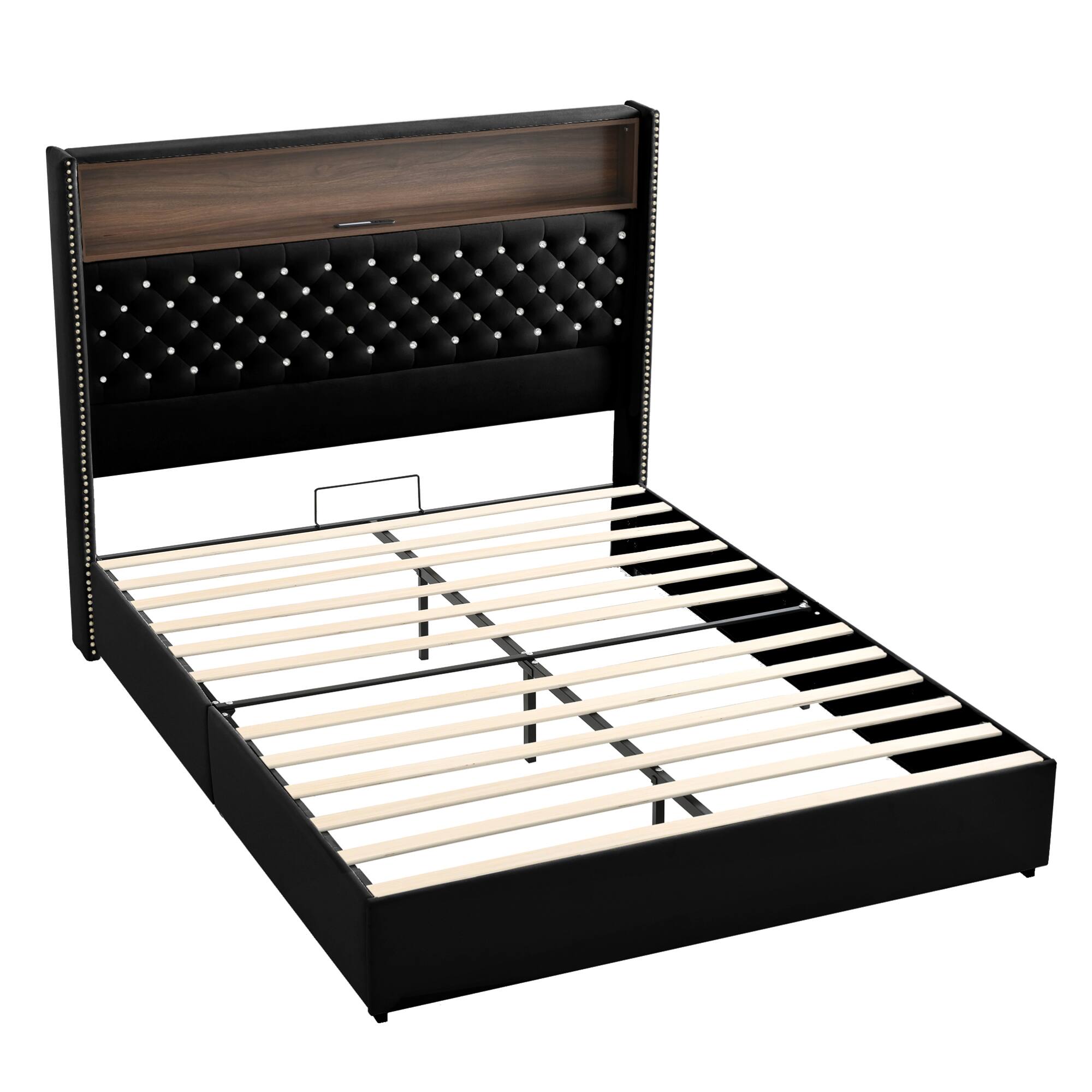 Alt View 9. GOODSILO - Luxurious Queen Size Velvet Tufted Bed Frame with USB Port and Night Light, High Headboard Platform Bed - Black.