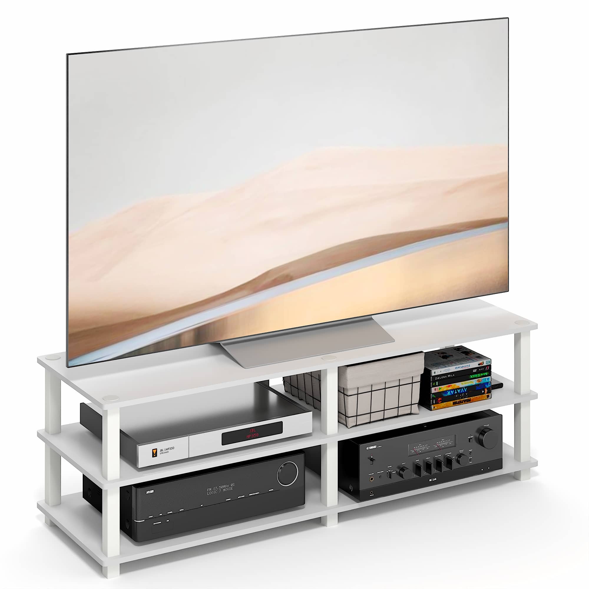 Furinno - TURN-S-TUBE Toolless Assembly TV Stand, 3-Tier Open Frame Design Entertainment Center, TV Console for TV up to 46 Inch - White