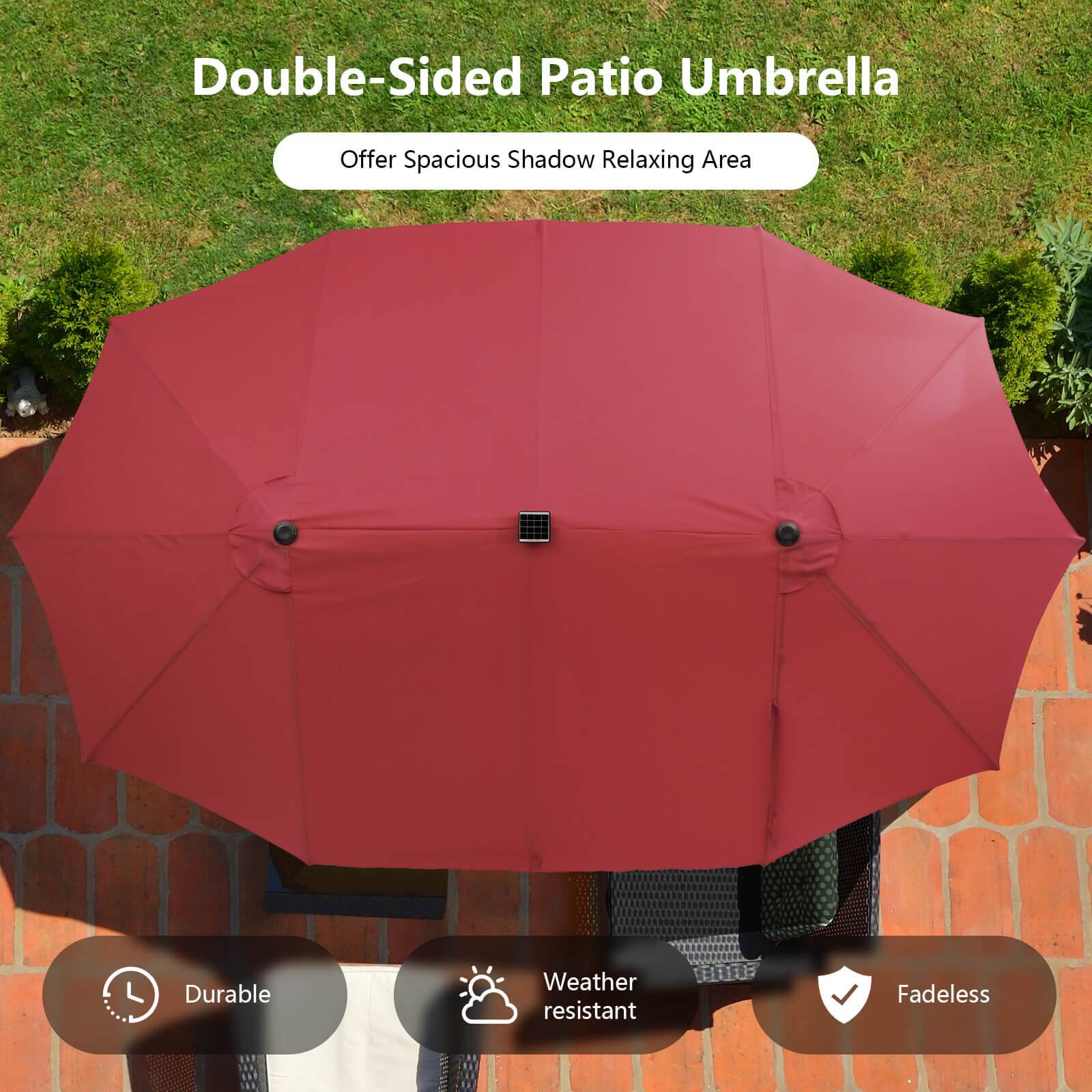 Double-Sided Patio Umbrella  
Offer Spacious Shadow Relaxing Area  
Durable  
Weather resistant  
Fadeless