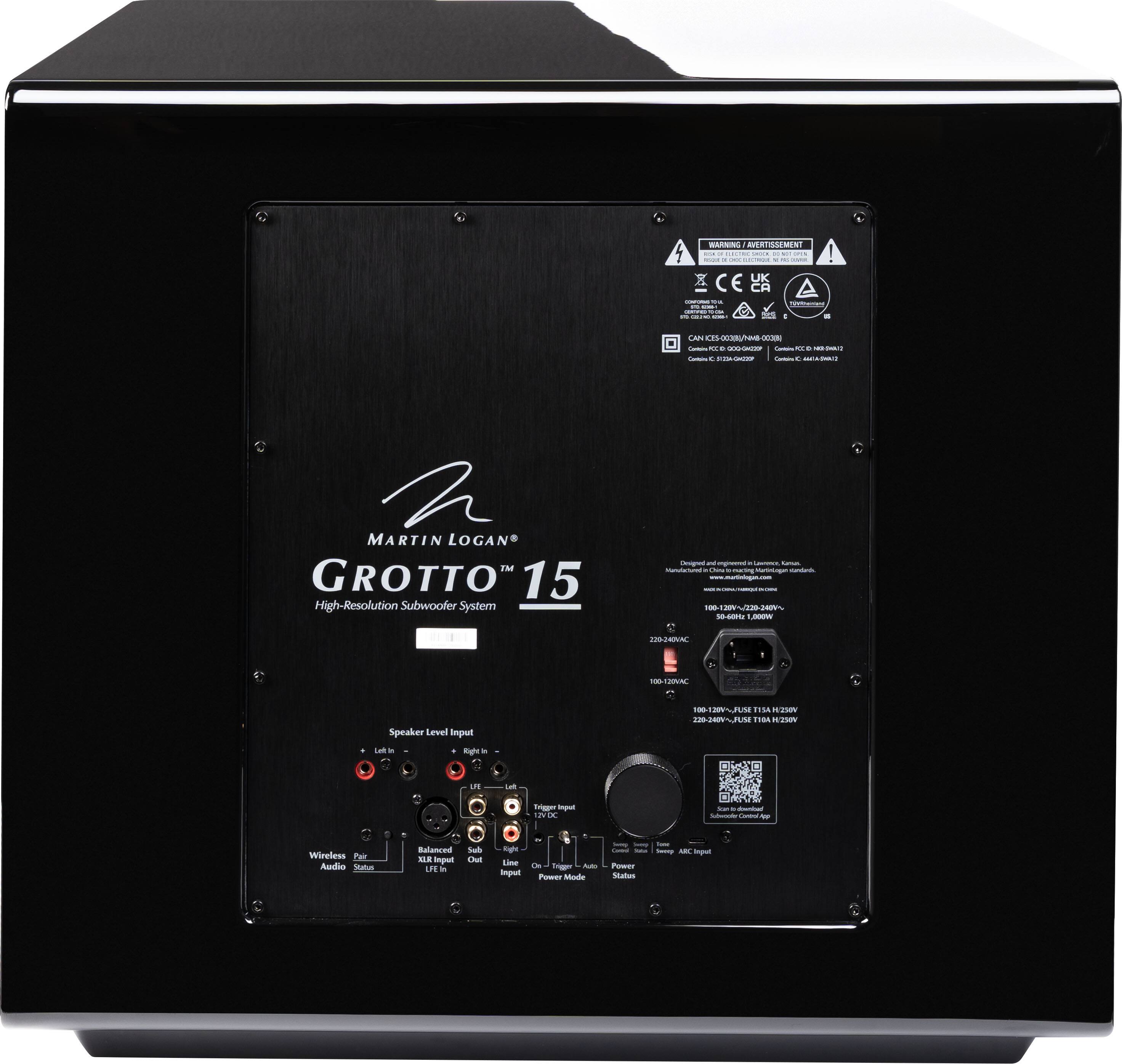 **MARTIN LOGAN GROTTO™ 15**  
High-Resolution Subwoofer System

**Speaker Level Input**  
- Left in  
- Right in  
- LFE in  
- LFE - Left  
- LFE - Right  
- Trigger 12VDC

**Wireless Audio**  
- Pair  
- Status

**XLR Input**  
- XLR in  
- LFE in

**Line Input**  
- Line in

**Power**  
- Power

**Mode**  
- Mode

**Status**  
- Status

**AUX Input**  
- AUX Input

**Designed and engineered in the USA by Martin Logan**  
Manufactured in China by Martin Logan.

**100-110V~ 50/60Hz 220-240V~ 50/60Hz**  
220-240V~ 50/60Hz  
100-110V~ 50/60Hz

**100-110V~ 100W**  
220-240V~ 200W

**100