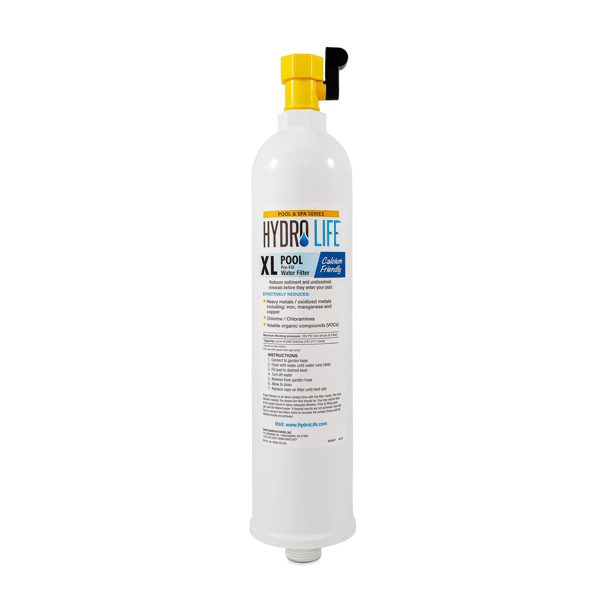 POOL A SMA SERIES HYDRO LIFE POOL Caloim XL Water Filter Friendly

Reduces sediment and undissolved minerals before they enter your pool. - Removes sediment and undissolved minerals before they enter your pool. - Heavy metals & oxidized metals including: iron, manganese and copper - Chlorine/Chloramines - Volatile organic compounds (VOCs) - Rodon

INSTRUCTIONS
1. Flush with water until the water runs clear
2. Turn off water
3. Add to drain
4. Allow to drain
5. Flush with water until the water runs clear

Visit www.MydroLife.com