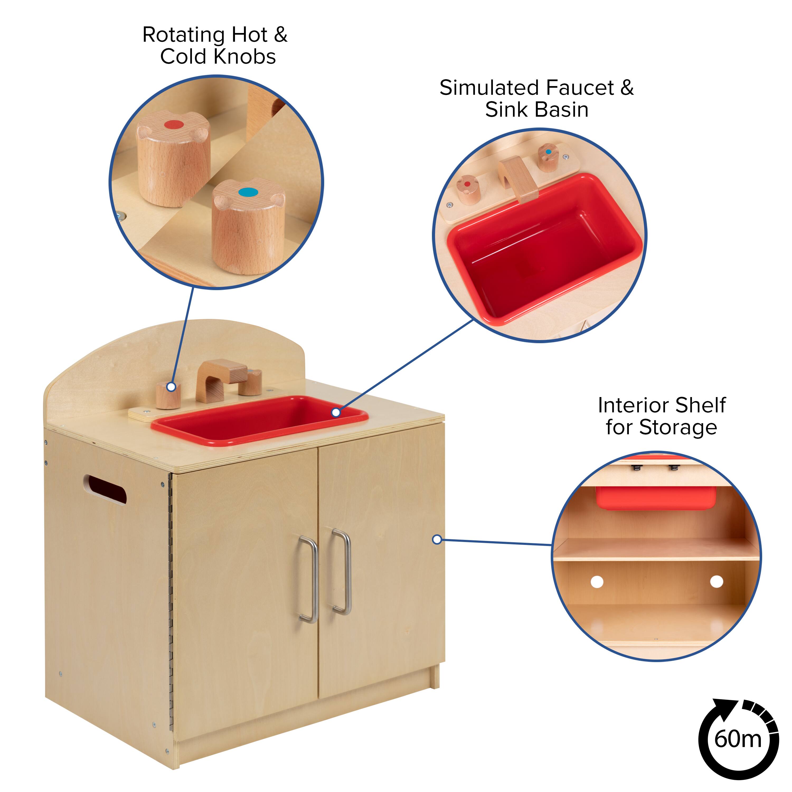 Rotating Hot & Cold Knobs  
Simulated Faucet & Sink Basin  
Interior Shelf for Storage  
60m