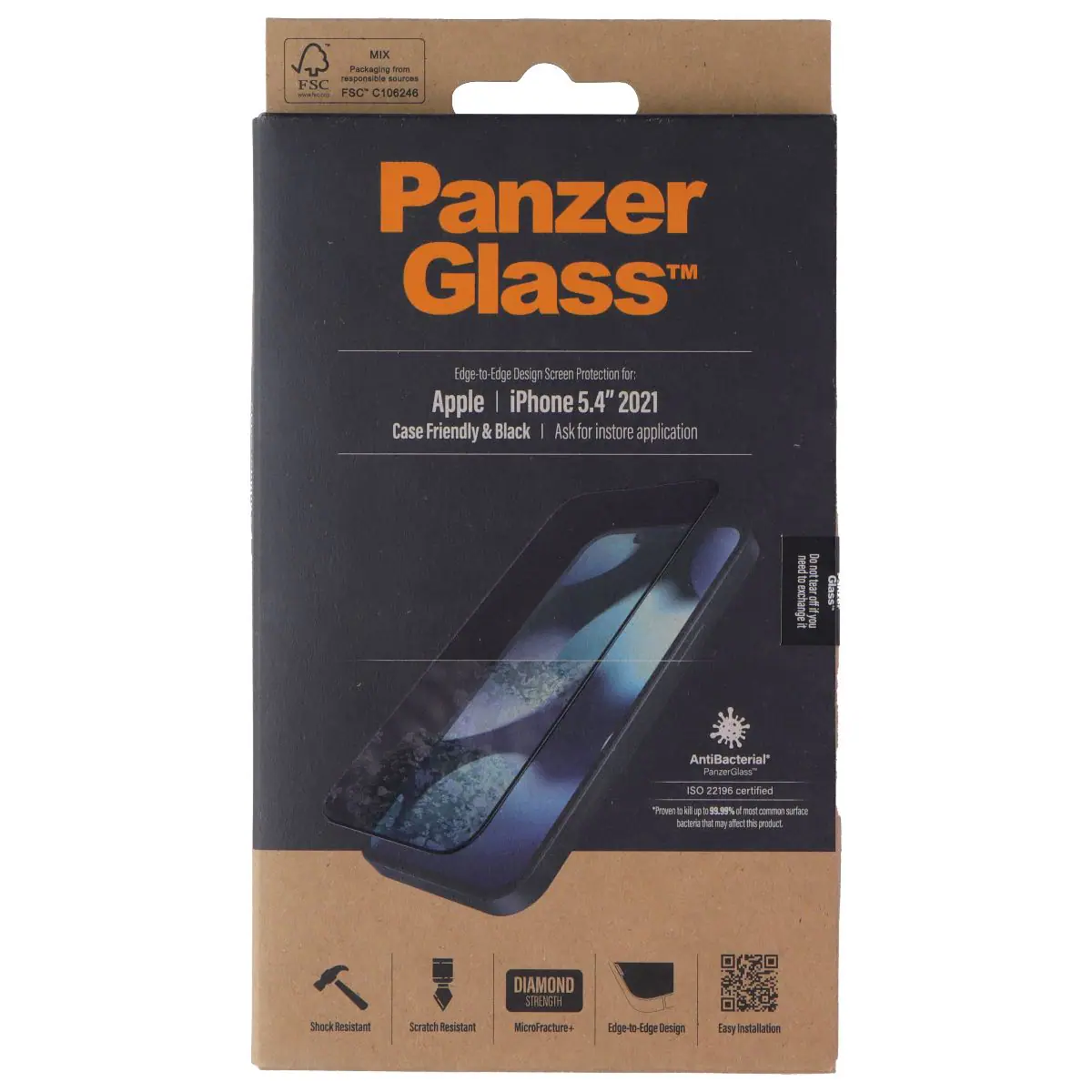 MIX Paotaging -m responane sues FSC FSC C106246 Panzer Glass™ Edge-to-Edge Design Screen Protection for: Apple | iPhone 5.4" 2021 Case Friendly & Black | Ask for instore application. need Denottear exchange a of - hd AntiBacterial" PanzerGlass SO 22196 certified Prouet. a e a m a mad common sahu Sacteria tu m aect Te product DIAMOND SHENGIH Shock Resistant Seratch Resistant Microfracture+ Edge-to-Edge Design Easy installation