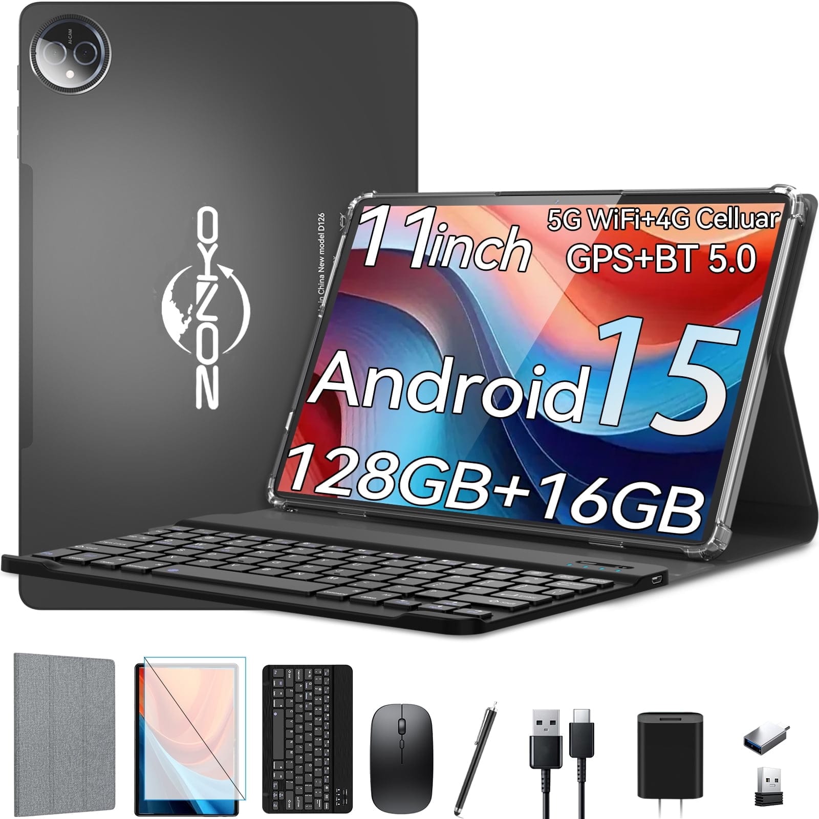 ZONKO - Tablet 11 inch Android 15 Tablet,128GB ROM 16GB RAM,4G LTE Tablet,5G WiFi+Cellular, Octa-Core,Tablet with Keyboard - Gray