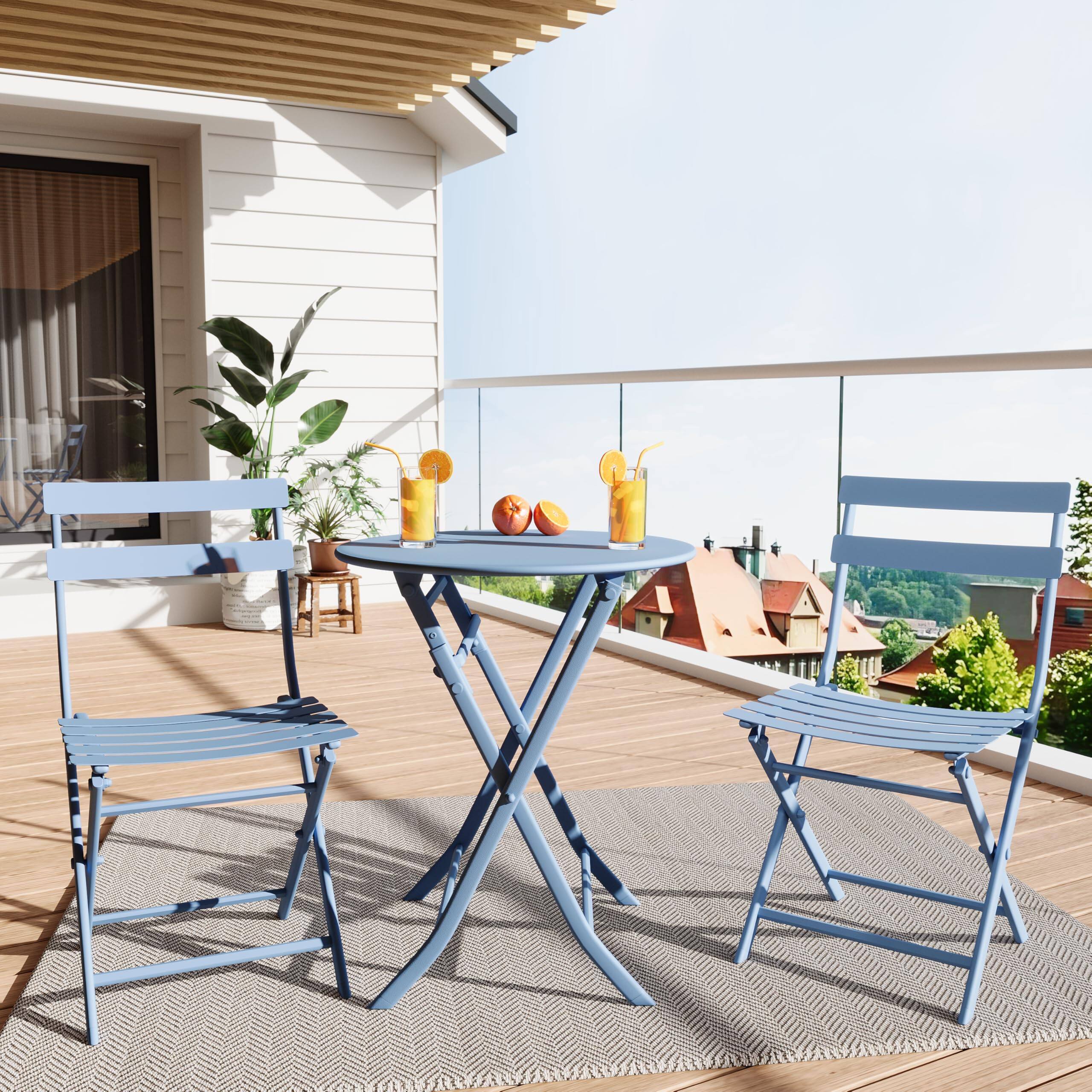 Left. Homhougo - 3-Piece Folding Bistro Set, Foldable Patio Furniture Set with Premium Frame, Outdoor Bistro Table and Chairs Set of 2 - Blue.